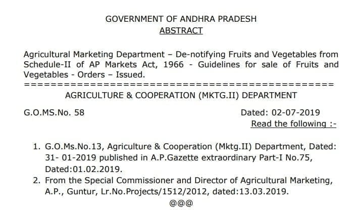 Guidelines for sale of Fruits and Vegetables in Andhra Pradesh