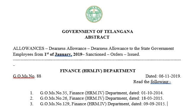 Dearness Allowance to Telangana State Government  Employees