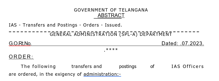 31 IAS Transfers in Telangana 14 July 2023