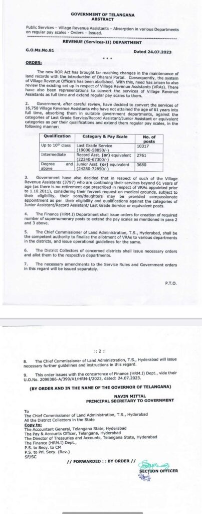 ualification            Category & Pay Scale           No. ofposts

Up to 10th class Last Grade Service                  10317  (19000-58850/-)

Intermediate         Record Asst. (or) equivalent 2761 (22240-67300/-)

Degree and Junior Asst. (or) equivalent     3680above                (24280-72850/-)