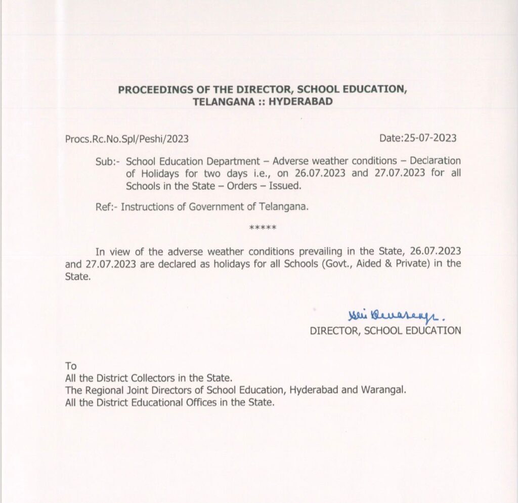 Telangana Holidays on 26 and 27 July 2023