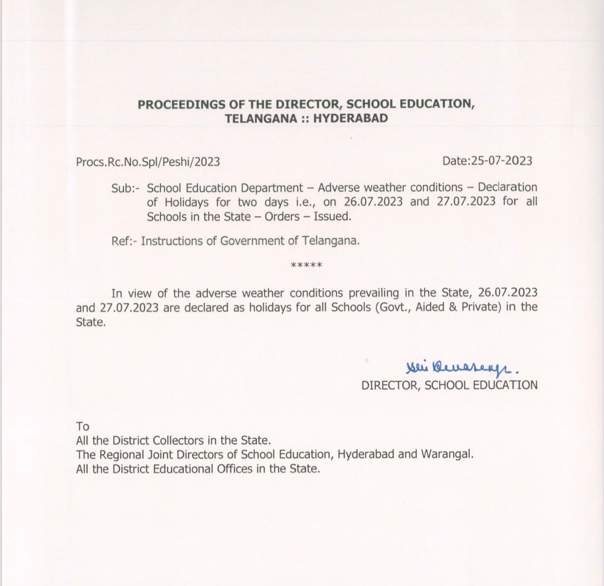 Telangana Holidays on 26 and 27 July 2023