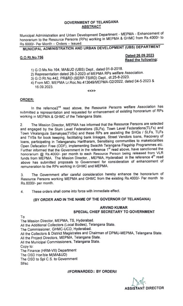MEPMA RP's Salary increased GO 756 on 26 September 2023 Municipal Administration and Urban Development Department - MEPMA - Enhancement of honorarium to the Resource Persons (RPs) working in MEPMA & GHMC from Rs.4000/- to Rs 6000/- Per Month — Orders — Issued. MUNICIPAL ADMINISTRATION AND URBAN DEVELOPMENT (UBS) DEPARTMENT
