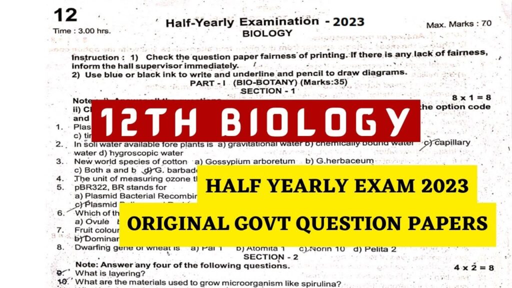 12th Biology half yearly question Paper Download Question Paper Download Link