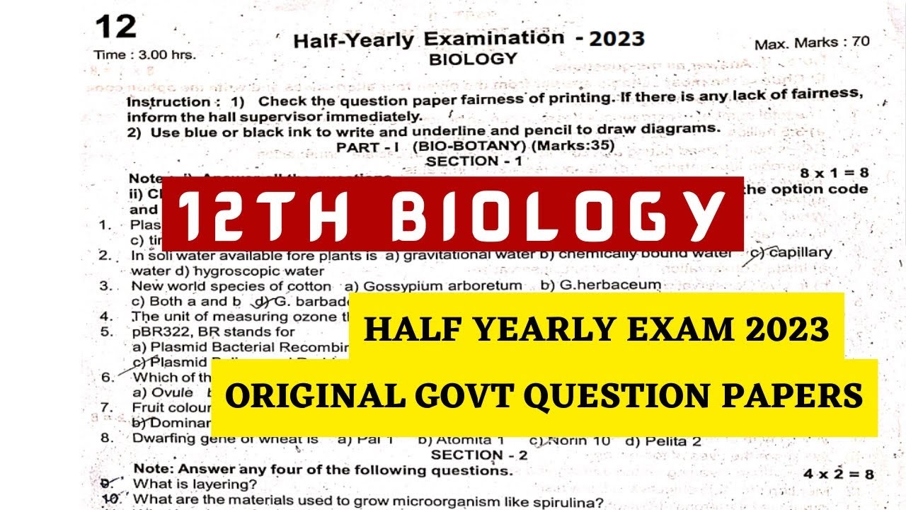 12th Biology half yearly question Paper Download