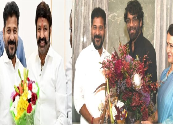 Former Chief Minister of Puducherry Narayanswamy, General Officer Commanding of Telangana and Andhra Sub-Area Major General Rakesh Manocha, actor Nandamuri Balakrishna, and the esteemed couple Nagarjuna and Amala, converged to extend their felicitations to Chief Minister A. Revanth Reddy at the Secretariat on a recent Saturday.