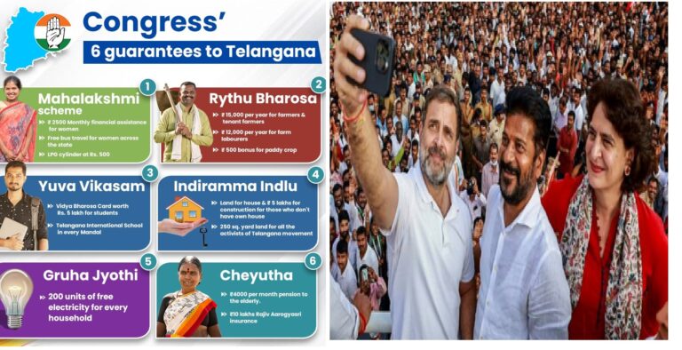 CM Revanth Reddy and Telangana Congress 6 Guarantees Congress' 6 Guarantees will provide support to every family of Telangana. ✅ Mahalakshmi - ₹2,500/month to women - Free bus travel - Gas cylinder for ₹500 ✅ Indiramma Indlu - ₹5 lakh assistance to build a house - 250 sq yards land to Telangana movement fighters ✅ Gruha Jyoti - 200 units free electricity ✅ Yuva Vikasam - ₹5 lakh assistance for college students - - Telangana International Schools in every mandal ✅ Cheyutha - ₹4,000 monthly pension to senior citizens, widows, disabled and others - Health insurance of ₹10 lakh under Rajeev Aarogyasri ✅ Rythu Bharosa - ₹15,000/year to farmers and ₹12,000/year to agricultural labourers