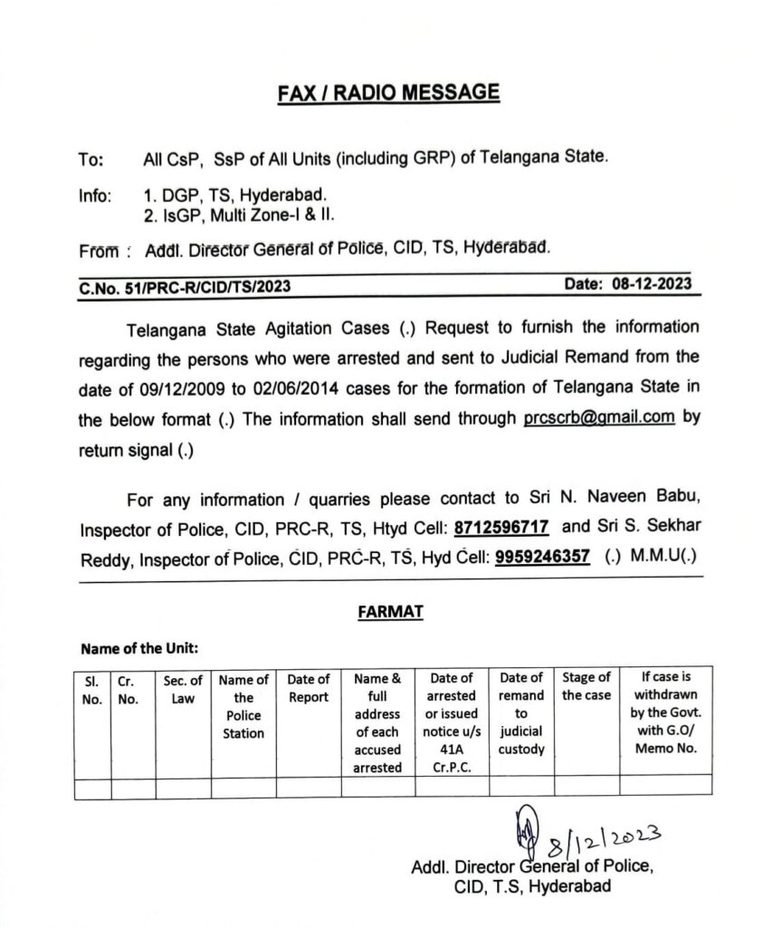 Drop the cases against Telangana Agitation CM Ravanth Reddy Telangana State Agitation Cases (.) Request to furnish the information regarding the persons who were arrested and sent to Judicial Remand from the date of 09/12/2009 to 02/06/2014 cases for the formation of Telangana State in the below format (.) The information shall send through prcscrb(agmail.com by return signal (.) 
For any information / quarries please contact to Sri N. Naveen Babu, Inspector of Police, CID, PRC-R, TS, Htyd Cell: 8712596717 and Sri S. Sekhar Reddy, Inspector of Police, CID, PRC-R, TS, Hyd Cell: 9959246357