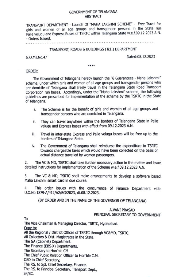 MAHA LAKSHMI SCHEME. scheme, the following guidelines are prescribed for the Implementation of the scheme by the TSRTC in the State of Telangana.