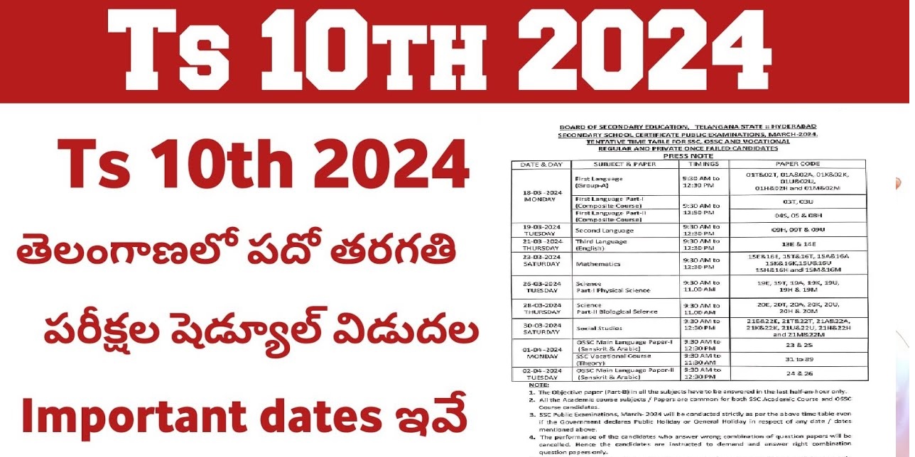 TS SSC Exam Date 2024 Out, Check Telangana Board Class 10 Time Table 2024