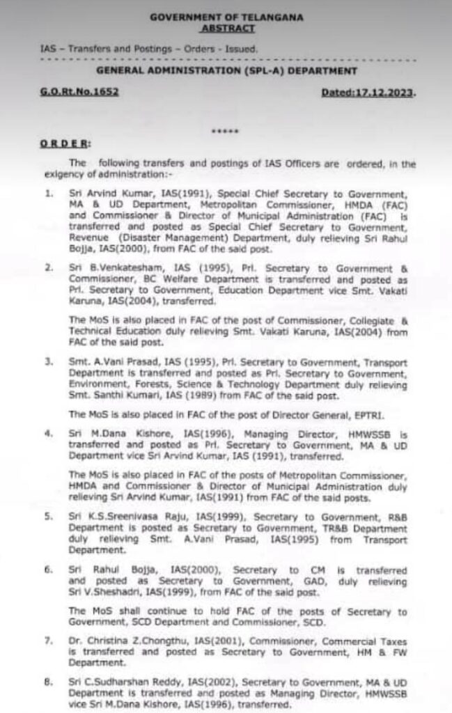 Telangana IAS Transfers on 17 December 2023 as per GO 1652,The following transfers and postings of IAS Officers are ordered, In the exigency of administration:-