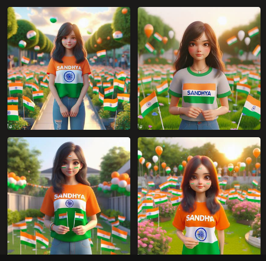 3D image of a 19-year-old girl standing in a garden, wearing India’s national flag-coloured t-shirt having “SANDHYA” written on it in 3D. She is holding small flags in both hands, garden is decorated with flag-colored balloons flying behind the Sun