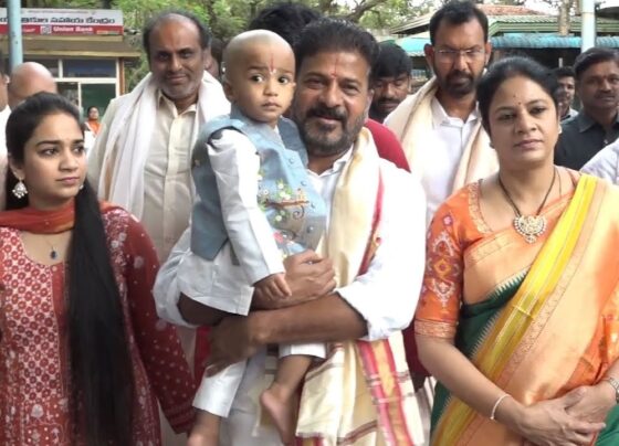 Telangana CM Visits Tirumala Sri Venkateswara Temple with Family Telangana Chief Minister Revanth Reddy, accompanied by his family, visited the revered Tirumala Sri Venkateswara Temple. The visit was facilitated by TTD EO AV Dharma Reddy, who welcomed the CM and made the necessary arrangements. Telangana CM's Spiritual Visit to Tirumala On Wednesday morning, Telangana Chief Minister Revanth Reddy, along with his family, had the divine darshan of Lord Venkateswara at Tirumala. TTD EO AV Dharma Reddy warmly received the CM and ensured smooth arrangements for the visit. During the visit, Revanth Reddy fulfilled the traditional ritual of offering his grandson's hair, a significant ceremony for many devotees. Following this, the family had a VIP break darshan at 8:30 AM, allowing them to experience the divine presence of Sri Venkateswara. Revanth Reddy's Remarks Post-Darshan After the darshan, Revanth Reddy spoke to the media. He expressed his contentment with the situation of farmers under the Congress governance in Telangana, highlighting that the farmers are experiencing prosperity. He mentioned that water issues have been resolved, and timely rains have benefited the agricultural sector. Revanth Reddy also expressed his desire for harmonious relations with the future government in Andhra Pradesh. He prayed for the well-being and happiness of the people in both Telugu-speaking states, Telangana and Andhra Pradesh. Reddy hopes for the continued development of these states under the blessings of Lord Venkateswara.