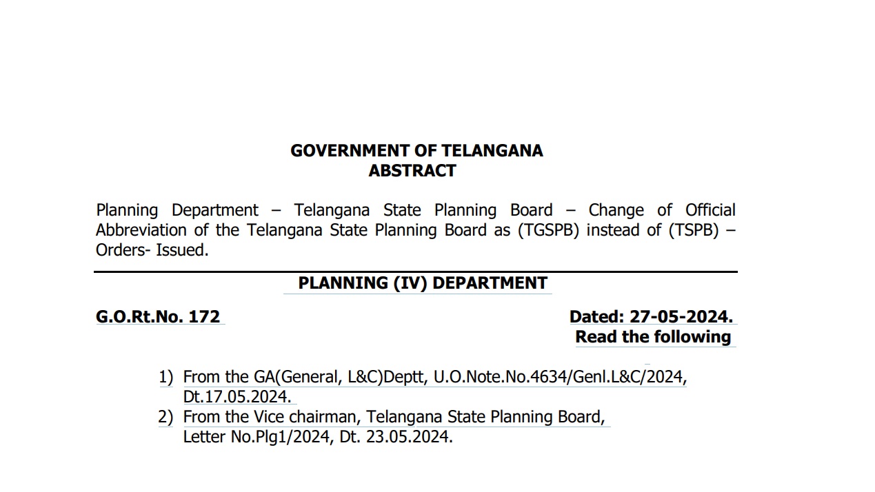 Telangana State Planning Board: Change of Official Abbreviation to TGSPB from TSPB