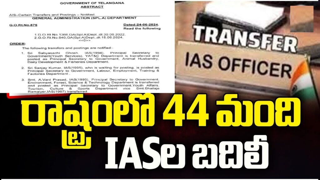 Government of Telangana Announces Key Transfers and Postings for 2024 The Government of Telangana has issued an official notification detailing significant transfers and postings within the state’s administrative departments. These changes aim to enhance the efficiency and effectiveness of various government departments. Below are the key appointments and their respective details. Key Transfers and Postings in Telangana Government Sri Sabyasachi Ghosh: Previously serving as Principal Secretary to Government (Youth Services) in the YAT&C Department, Sri Sabyasachi Ghosh, IAS (1994), has been transferred to the Animal Husbandry, Dairy Development & Fisheries Department as Principal Secretary. Sri Sanjay Kumar: With no current posting, Sri Sanjay Kumar, IAS (1995), is now appointed as the Principal Secretary to Government, Labour, Employment, Training & Factories Department. Smt. A. Vani Prasad: Moving from her role as Principal Secretary to Government in the Environment, Forest, Science & Technology Department, Smt. A. Vani Prasad, IAS (1995), is now the Principal Secretary to Government, Youth Affairs, Tourism, Culture & Sports Department, replacing Smt. Shailaja Ramaiyer, IAS (1997). Smt. Shailaja Ramaiyer: Transferred to the roles of Principal Secretary to Government, Endowments, and Principal Secretary to Government (Handlooms, Textiles & Handicrafts) within the Industries & Commerce Department, Smt. Shailaja Ramaiyer, IAS (1997), also assumes the position of Director, Handlooms & Textiles, VC&MD of TG Handicrafts Development Corporation Ltd., and Managing Director, TGCO. Sri Ahmad Nadeem: Previously Principal Secretary to Government, Planning Department, Sri Ahmad Nadeem, IAS (1997), is now appointed as Principal Secretary to Government, Environment, Forest, Science & Technology Department. He also assumes the role of Director General, EPTRI, relieving Smt. A. Vani Prasad, IAS (1995), from this post. Sri Sandeep Kumar Sultania: Transitioning from the Panchayati Raj & Rural Development, RWS, RSAD Department, Sri Sandeep Kumar Sultania, IAS (1998), is the new Principal Secretary to Government, Finance Department, and will also temporarily handle the Planning Department role previously held by Sri Ahmad Nadeem, IAS (1997). Sri Syed Ali Murtaza Rizvi: Sri Syed Ali Murtaza Rizvi, IAS (1999), has been transferred from the Energy Department to the Commercial Taxes & Excise Department as Principal Secretary to Government. Sri C. Sudharshan Reddy: Former Managing Director of Hyderabad Metropolitan Water Supply and Sewerage Board (HMWS&SB), Sri C. Sudharshan Reddy, IAS (2002), is now Secretary to Government (Services & HRM), General Administration Department, relieving Sri M. Raghunandan Rao, IAS (2002). Dr. Jyoti Buddha Prakash: Dr. Jyoti Buddha Prakash, IAS (2002), moves from Commissioner, Transport to Secretary to Government, Registrations & Stamps, and Secretary to Government, Housing. He also temporarily takes on the roles of Commissioner & Inspector General, Registrations & Stamps, Commissioner, Survey Settlements & Land Records, and PD, Bhubharathi, relieving Sri Navin Mittal, IAS (1996). Smt. Soni Bala Devi: Previously Special Secretary to Government, Health, Medical & Family Welfare Department, Smt. Soni Bala Devi, IFS (2002), is appointed as Managing Director, Sports Authority of Telangana, relieving Smt. Korra Lakshmi, IAS (2012). Further Notable Appointments Sri Ilambarithi K.: Upon his return to the cadre, Sri Ilambarithi K., IAS (2005), will serve as Commissioner, Transport, replacing Dr. Jyoti Buddha Prakash, IAS (2002). Sri D. Ronald Rose: Sri D. Ronald Rose, IAS (2006), transitions from Commissioner, Greater Hyderabad Municipal Corporation (GHMC) to Secretary to Government, Energy Department. He also assumes the roles of CMD, GENCO & TRANSCO, relieving Sri Syed Ali Murtaza Rizvi, IAS (1999). Sri A.V. Ranganath: Sri A.V. Ranganath, IPS (2006), is now the Commissioner, Enforcement, Vigilance & Disaster Management, GHMC, replacing Sri Nyalakonda Prakash Reddy, IPS (2010). Smt. A. Sridevasena: Moving from Commissioner, School Education to Commissioner, Collegiate & Technical Education, Smt. A. Sridevasena, IAS (2008), relieves Sri B. Venkatesham, IAS (1995). Sri Sarfaraz Ahmad: Previously Joint Chief Electoral Officer at CEO, Telangana, Sri Sarfaraz Ahmad, IAS (2009), is now Metropolitan Commissioner, Hyderabad Metropolitan Development Authority (HMDA), relieving Sri M. Dana Kishore, IAS (1996). Smt. D. Divya: Smt. D. Divya, IAS (2010), transitions from Director, Municipal Administration to Chief Executive Officer, Society for Elimination of Rural Poverty (SERP), relieving Smt. Anita Ramachandran, IAS (2004). Smt. Amrapali Kata: Smt. Amrapali Kata, IAS (2010), Joint Metropolitan Commissioner, HMDA, temporarily assumes the role of Commissioner, GHMC, replacing Sri D. Ronald Rose, IAS (2006). Smt. Harichandana Dasari: Awaiting a posting, Smt. Harichandana Dasari, IAS (2010), is now Special Secretary to Government, Roads & Buildings Department. Sri Nyalakonda Prakash Reddy: Sri Nyalakonda Prakash Reddy, IPS (2010), is now Managing Director, TG Tourism Development Corporation Limited, replacing Sri K. Ramesh Naidu, IPS (2006). Smt. Alagu Varsini V.S.: Smt. Alagu Varsini V.S., IAS (2012), has been appointed as Secretary, Telangana Social Welfare Residential Educational Institution Society (TSWREIS), relieving Smt. K. Seetha Lakshmi, IAS (2018). Sri VP Gautham: Awaiting a posting, Sri VP Gautham, IAS (2014), is now Special Secretary to Government, Housing. He also temporarily assumes the roles of Director, Municipal Administration, and various housing program management roles. Sri Krishna Aditya S.: Director, Labour, Sri Krishna Aditya S., IAS (2014), now temporarily holds the post of Director, Employment & Training, relieving Sri Ahmad Nadeem, IAS (1997). Sri K. Ashok Reddy: Sri K. Ashok Reddy, IAS (2014), moves from Director, Horticulture to Managing Director, HMWS&SB, replacing Sri C. Sudharshan Reddy, IAS (2002). Sri Anuraag Jayanti: Awaiting a posting, Sri Anuraag Jayanti, IAS (2015), is now Zonal Commissioner, GHMC, Khairtabad. Sri Bhavesh Mishra: Awaiting a posting, Sri Bhavesh Mishra, IAS (2015), is appointed as Deputy Secretary to Government, Information Technology, Electronic & Communication Department. Sri G. Ravi: Awaiting a posting, Sri G. Ravi, IAS (2015), is now Member Secretary, Telangana Pollution Control Board, relieving Dr. Jyoti Buddha Prakash, IAS (2002), from this role. Smt. K. Nikhila: Smt. K. Nikhila, IAS (2015), previously Director of Tourism, is now Chief Executive Officer, Telangana Institute of Rural Development (TGIRD), replacing Smt. P. Katyayani Devi, IAS (2017). Smt. Sk. Yasmeen Basha: Awaiting a posting, Smt. Sk. Yasmeen Basha, IAS (2015), is now Director of Horticulture & Sericulture, replacing Sri K. Ashok Reddy, IAS (2014). She also temporarily assumes the role of Managing Director, TGOILFED, relieving Sri K. Ashok Reddy, IAS (2014). Sri S. Venkata Rao: Awaiting a posting, Sri S. Venkata Rao, IAS (2015), is now Director of Protocol and Joint Secretary to Government (Protocol), GAD, replacing Sri S. Arvinder Singh, IAS (Retd). Sri P. Uday Kumar: Awaiting a posting, Sri P. Uday Kumar, IAS (2016), is now Joint Secretary to Government, Agriculture & Cooperation Department. Sri D. L. Gopi: Awaiting a posting, Sri D. L. Gopi, IAS (2017), is now Director of Agriculture, replacing Sri K. Ashok Reddy, IAS (2014). Smt. Ila Tripathi: Awaiting a posting, Smt. Ila Tripathi, IAS (2017), is now Director of Tourism, replacing Smt. K. Nikhila, IAS (2015). Sri B. Rahul: Awaiting a posting, Sri B. Rahul, IAS (2020), is now PO, ITDA, Bhadrachalam. Sri E. V. Narasimha Reddy: Sri E. V. Narasimha Reddy, IAS (2017), Director of Tribal Welfare, is now Director of School Education, replacing Smt. A. Sridevasena, IAS (2008). He also assumes the role of Vice Chairman & Managing Director, Telangana Education & Welfare Infrastructure Development Corporation (TGEWIDC) and State Project Director, Samagra Shiksha Abhiyan, relieving Sri Mallaiah Battu, who is repatriated to his parent department, BC Welfare. Sri Bhorkade Hemant Sahadeorao: Awaiting a posting, Sri Bhorkade Hemant Sahadeorao, IAS (2018), is now Managing Director, TG Medical Services & Infrastructure Development Corporation (TSMSIDC), relieving Sri R. V. Karnan, IAS (2012). Sri Hemanta Keshav Patil: Sri Hemanta Keshav Patil, IAS (2019), Additional Collector, Revenue, Hyderabad, is now Zonal Commissioner, GHMC, LB Nagar. Sri Apurva Chauhan: Sri Apurva Chauhan, IAS (2020), Additional Collector (Local Bodies), Jogulamba Gadwal, is now Zonal Commissioner, GHMC, Kukatpally. Sri Abhishek Augustya: Sri Abhishek Augustya, IAS (2020), Additional Collector (Local Bodies), Medchal Malkajgiri, is now Commissioner, Municipal Corporation, Khammam. Ms. P. Gouthami: Ms. P. Gouthami, IAS (2021), Additional Collector (Local Bodies), Rajanna Sircilla, is now Joint Managing Director, Musi River Development Corporation Ltd. (MRDCL). Sri P. Upender Reddy: Sri P. Upender Reddy (Non-Cadre), Additional Commissioner, GHMC, is now Zonal Commissioner, GHMC, Serilingampally. Sri Nikhil Chakravarthi: Upon reporting to the State Government, Sri Nikhil Chakravarthi, IA&AS (2014), is now Executive Director, TSIIC, relieving Sri E. Vishnu Vardhan Reddy, IFS, from this post. These strategic transfers and postings by the Government of Telangana are aimed at bolstering various administrative departments' functionality and efficiency, ensuring improved governance and service delivery across the state.