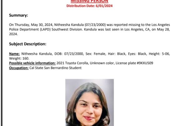 #MissingPersonAlert: California State University, San Bernardino Police along with our partners in #LAPD, is asking anyone with information on the whereabouts of @CSUSBNews Nitheesha Kandula, to contact us at: (909) 537-5165.