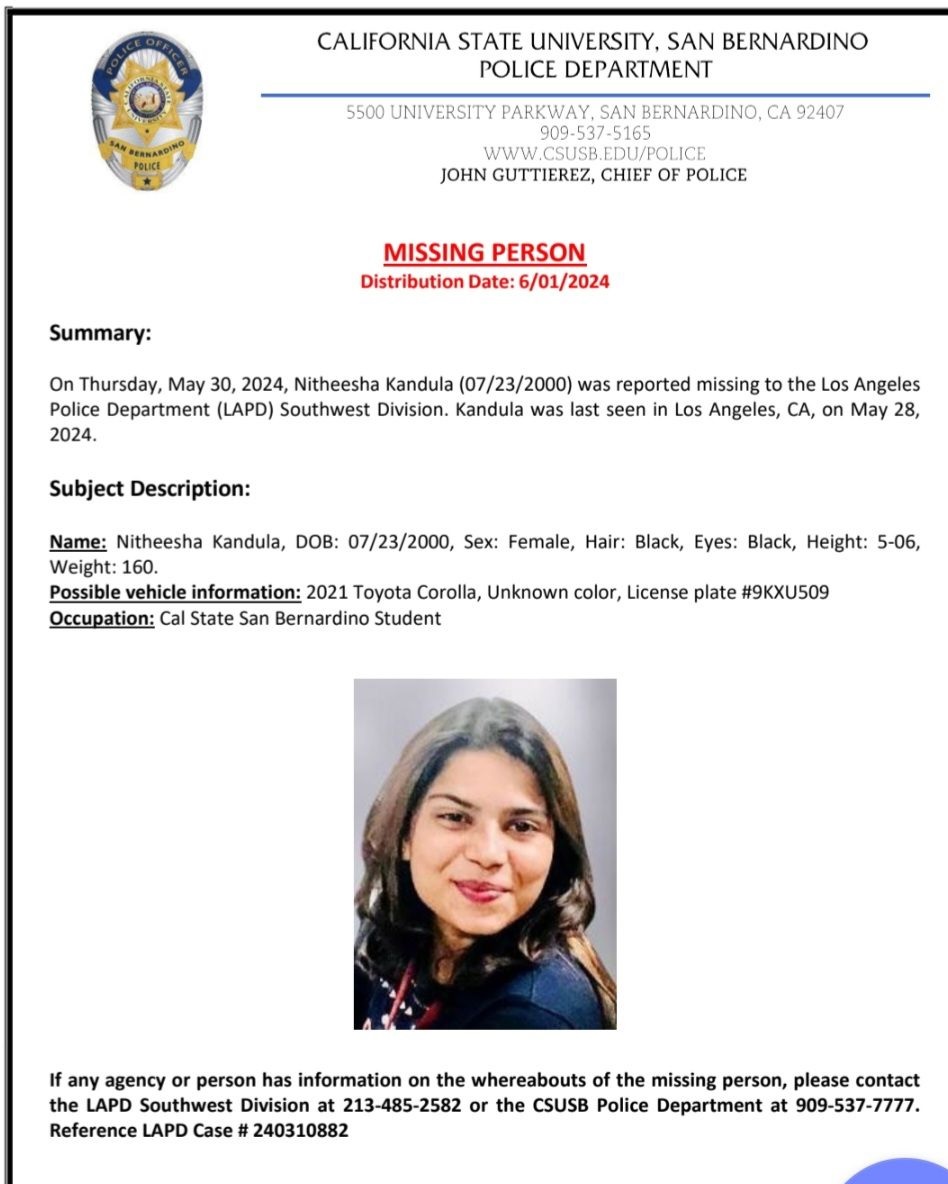 Help Locate Nitheesha Kandula CSUSB Police and LAPD Seek Information
