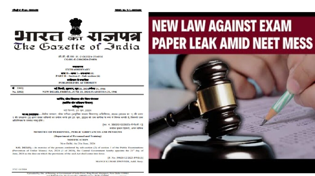 Public Examinations (Prevention of Unfair Means) Act, 2024: What You Need to Know The Union Government's announcement regarding the enforcement of the Public Examinations (Prevention of Unfair Means) Act, 2024 on June 21 marks a significant step in curbing malpractices in public exams across India. Understanding the Act Key Provisions The Act targets several forms of misconduct, including: Question Paper Leakage: Severe penalties for the unauthorized release of exam materials. Candidate Assistance: Prohibits any unauthorized aid provided to exam takers. Computer System Tampering: Covers offenses related to tampering with exam-related systems. Institutional Responsibility: Extends liabilities to institutions involved in such malpractices. Scope and Application The Act applies strictly from June 21, 2024, forward and does not retroactively impact previous incidents. This measure comes amidst rising concerns over exam integrity following recent high-profile paper leaks. Implications and Penalties Individual Offenses Individuals found guilty face imprisonment ranging from three to five years and fines up to ₹10 lakh, depending on the severity of the offense. Institutional Accountability Entities providing exam-related services can be fined up to ₹1 crore, along with additional costs incurred during the examination process.