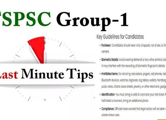 TSPSC Group 1 Exam: Comprehensive Guide and Last-Minute Tips for Success The Telangana State Public Service Commission (TSPSC) Group 1 preliminary test is poised for execution this Sunday, marking a significant milestone for 4.03 lakh registered candidates. The examination, scheduled from 10:30 AM to 1 PM across 897 centers statewide, requires meticulous preparation and adherence to specified guidelines to ensure a smooth and fair process. Exam Day Logistics and Security Measures Timely Arrival and Entry Protocol Candidates must arrive at their designated centers well before the gates close at 10 AM. Any candidate arriving post-closure will be denied entry, reinforcing the importance of punctuality. Enhanced Security and Monitoring To maintain integrity, TSPSC has introduced candidate-specific OMR sheets and biometric attendance. Additionally, CCTV cameras will monitor examination halls and strong rooms, ensuring a transparent and secure environment. Detailed Screening and Frisking Procedures Identity Verification Each center will have identification officers at a 1:100 ratio to verify hall tickets and ID proofs at entry points. Both male and female candidates will undergo thorough frisking by appointed chief superintendents to prevent any malpractice. Prohibited Items Candidates are strictly prohibited from carrying electronic gadgets such as calculators, cell phones, tablets, and Bluetooth devices. Other banned items include pagers, pen drives, mathematical tables, bags, writing pads, or any recording instruments. Compliance with these restrictions is crucial to avoid disqualification. Preparatory Recommendations and Exam Day Guidelines Last-Minute Preparation Tips To excel in the TSPSC Group 1 exam, candidates should focus on revising known concepts rather than cramming new information. Practicing previous years' question papers and mock tests can significantly enhance familiarity with the exam pattern and improve time management skills. Optimal Study Routine Candidates are advised to allocate a minimum of seven hours daily for focused study sessions. Utilizing efficient resources and strategic planning will maximize their chances of scoring high. Shift Timings and Exam Schedule The TSPSC Group 1 Prelims 2024 will be held on June 9, 2024, in a single shift. Candidates should check the official TSPSC website for detailed shift timings and ensure they adhere to the schedule to avoid any last-minute confusion. Essential Exam Day Guidelines Mandatory Documentation On the exam day, candidates must carry their TSPSC Group 1 admit card along with a valid photo ID. Acceptable IDs include original Aadhaar cards, PAN cards, passports, driving licenses, voter identity cards, and two passport-size color photographs. Failure to present these documents may result in disqualification. Personal Belongings Bringing personal items such as books, communication devices, and stationary materials into the exam hall is prohibited. Any candidate found with these items will have their candidature canceled immediately. Strategic Exam Preparation Tips Section-Wise Approach Adopting a section-wise strategy is essential for effective time management and accuracy. Candidates should prioritize high-scoring topics first, followed by more time-consuming questions to minimize errors and maximize their score. Mock Tests and Previous Papers Regularly attempting mock tests and solving previous years' question papers can provide invaluable practice. These exercises help candidates understand the question format, improve speed, and identify areas needing more focus.