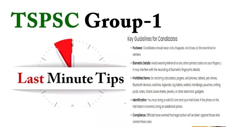 TSPSC Group 1 Exam: Comprehensive Guide and Last-Minute Tips for Success The Telangana State Public Service Commission (TSPSC) Group 1 preliminary test is poised for execution this Sunday, marking a significant milestone for 4.03 lakh registered candidates. The examination, scheduled from 10:30 AM to 1 PM across 897 centers statewide, requires meticulous preparation and adherence to specified guidelines to ensure a smooth and fair process. Exam Day Logistics and Security Measures Timely Arrival and Entry Protocol Candidates must arrive at their designated centers well before the gates close at 10 AM. Any candidate arriving post-closure will be denied entry, reinforcing the importance of punctuality. Enhanced Security and Monitoring To maintain integrity, TSPSC has introduced candidate-specific OMR sheets and biometric attendance. Additionally, CCTV cameras will monitor examination halls and strong rooms, ensuring a transparent and secure environment. Detailed Screening and Frisking Procedures Identity Verification Each center will have identification officers at a 1:100 ratio to verify hall tickets and ID proofs at entry points. Both male and female candidates will undergo thorough frisking by appointed chief superintendents to prevent any malpractice. Prohibited Items Candidates are strictly prohibited from carrying electronic gadgets such as calculators, cell phones, tablets, and Bluetooth devices. Other banned items include pagers, pen drives, mathematical tables, bags, writing pads, or any recording instruments. Compliance with these restrictions is crucial to avoid disqualification. Preparatory Recommendations and Exam Day Guidelines Last-Minute Preparation Tips To excel in the TSPSC Group 1 exam, candidates should focus on revising known concepts rather than cramming new information. Practicing previous years' question papers and mock tests can significantly enhance familiarity with the exam pattern and improve time management skills. Optimal Study Routine Candidates are advised to allocate a minimum of seven hours daily for focused study sessions. Utilizing efficient resources and strategic planning will maximize their chances of scoring high. Shift Timings and Exam Schedule The TSPSC Group 1 Prelims 2024 will be held on June 9, 2024, in a single shift. Candidates should check the official TSPSC website for detailed shift timings and ensure they adhere to the schedule to avoid any last-minute confusion. Essential Exam Day Guidelines Mandatory Documentation On the exam day, candidates must carry their TSPSC Group 1 admit card along with a valid photo ID. Acceptable IDs include original Aadhaar cards, PAN cards, passports, driving licenses, voter identity cards, and two passport-size color photographs. Failure to present these documents may result in disqualification. Personal Belongings Bringing personal items such as books, communication devices, and stationary materials into the exam hall is prohibited. Any candidate found with these items will have their candidature canceled immediately. Strategic Exam Preparation Tips Section-Wise Approach Adopting a section-wise strategy is essential for effective time management and accuracy. Candidates should prioritize high-scoring topics first, followed by more time-consuming questions to minimize errors and maximize their score. Mock Tests and Previous Papers Regularly attempting mock tests and solving previous years' question papers can provide invaluable practice. These exercises help candidates understand the question format, improve speed, and identify areas needing more focus.