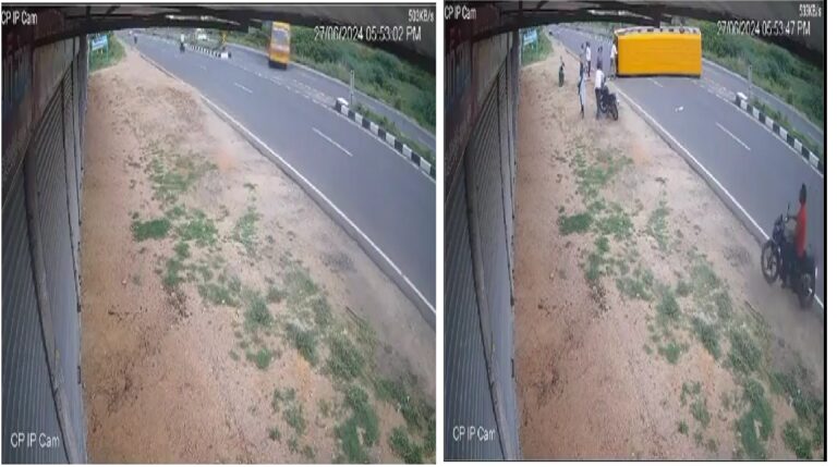 A severe road accident occurred in Telangana, causing significant concern among residents. A car collided with a school bus, resulting in the bus overturning. This incident took place on a major highway in the Kamalapur Mandal center of Hanamkonda district. Here are the details of the incident. Details of the Accident The accident happened while the Ekashila School bus was crossing the main road in Kamalapur Mandal center. The car, speeding excessively, struck the bus with such force that it overturned. At the time of the accident, the bus was carrying 30 students, three of whom sustained injuries. The car's occupants also suffered severe injuries. Rising Concern Over Road Accidents Recent road accidents are causing widespread fear and concern. Despite authorities taking measures to prevent such incidents, the number of accidents continues to rise. Drivers violating traffic rules are often the cause of these accidents. Speeding remains a significant issue, with many ignoring warnings about the dangers of over-speeding. The tragic accident in Hanamkonda is a stark reminder of these dangers. The school bus was taking a U-turn on the highway when the speeding car collided with it, causing the bus to overturn with 30 students on board. Chaos and Immediate Response As the school day was beginning, the bus had picked up the students and was en route to the school. The accident occurred on the main highway between Hanamkonda and Kamalapur Mandal center while the bus was making a U-turn. The high-speed car crashed into the bus, causing it to overturn. The sudden crash left the students in the bus terrified, and their screams echoed throughout the area. Passersby quickly stopped their vehicles and initiated rescue efforts. Heroic Actions by Students In the immediate aftermath of the accident, some students displayed remarkable bravery. Two students quickly jumped out of the bus through a window and broke the emergency windows to help their peers escape. Although three students sustained injuries, the quick actions of their fellow students prevented further harm. The car's occupants were also severely injured. Police arrived at the scene promptly and began rescue operations, transporting the injured to a nearby hospital. Authorities have registered a case and started an investigation into the incident. This unfortunate accident underscores the importance of adhering to traffic rules and the need for increased vigilance on the roads. With better enforcement and driver education, such tragic incidents can be minimized.