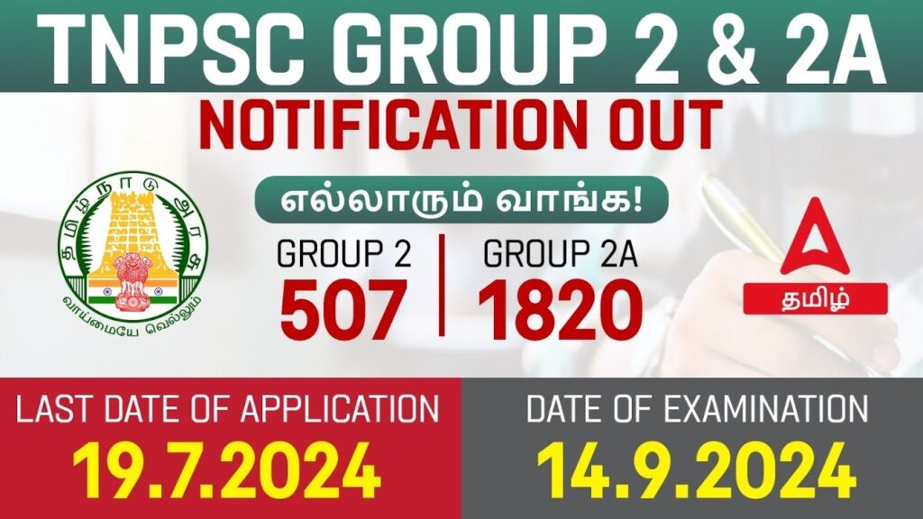 Comprehensive Guide to TNPSC Group 2 2024 Notification: How to Apply, Eligibility Criteria, Exam Pattern, and More TNPSC Group 2 Notification 2024 Released for 2327 Positions: Download PDF Now The Tamil Nadu Public Service Commission (TNPSC) has officially released the TNPSC Group 2 Notification for 2024, announcing 2327 vacancies across Group 2 and Group 2A positions. Aspiring candidates can apply online via the official TNPSC website until July 19, 2024. TNPSC Group 2 Exam 2024 Overview Conducting Authority: Tamil Nadu Public Service Commission (TNPSC) Examination: TNPSC Group 2 & 2A Exam Total Vacancies: 2327 Application Window: June 20 to July 19, 2024 Preliminary Exam Date: September 14, 2024 Salary Range: Rs. 37,200 - 1,17,600 Examination Mode: Offline Official Website: tnpsc.gov.in Key Dates for TNPSC Group 2 2024 Ensure you mark these essential dates related to the TNPSC Group 2 2024 Exam: Notification Issued: June 20, 2024 Application Deadline: July 19, 2024 Preliminary Exam Date: September 14, 2024 TNPSC Group 2 Vacancy Details 2024 The TNPSC has detailed the 2327 vacancies for Group 2 and Group 2A posts. For a thorough breakdown of the vacancy distribution, refer to the official notification. How to Apply for TNPSC Group 2 2024 Online Candidates must apply online for the TNPSC Group 2 2024 through the official website. Ensure you have all necessary documents ready before starting the application process. TNPSC Group 2 Application Fee 2024 The application fee for the TNPSC Group 2 exam varies based on the examination stage. Candidates can pay the fee online using debit cards, credit cards, or internet banking. Eligibility Criteria for TNPSC Group 2 2024 To be eligible for TNPSC Group 2 2024, candidates must meet specific criteria, including age limits and educational qualifications. Detailed eligibility requirements are available in the official notification. Frequently Asked Questions (FAQs) Q1. What is the application fee for the TNPSC Group 2 2024 exam? The application fee includes a one-time registration fee of Rs. 150/- and separate exam fees for the Preliminary and Main exams. Q2. What is the selection process for the TNPSC Group 2 2024 exam? The selection process includes a Preliminary Exam, a Main Written Exam, and an Interview/Personality Test for Group 2 (Interview Posts). Group 2A (Non-Interview Posts) candidates will undergo a Written Test only. Q3. Where can I apply online for TNPSC Group 2 2024? Candidates can apply online for TNPSC Group 2 2024 through the official website here. Meta Description: Discover the latest TNPSC Group 2 2024 Notification, including detailed information on vacancies, eligibility criteria, exam dates, and application procedures. Start your journey towards a rewarding career in Tamil Nadu civil services today! TNPSC Group 2 Notification 2024: Application Form Available @tnpscexams.in The Tamil Nadu Public Service Commission officially released the notification for the Group 2 & 2A Exam 2024 on June 20, 2024, for a total of 2327 vacancies. Scroll down for more details about this recruitment drive. TNPSC Group 2 2024 Recruitment Aspiring candidates for Group II and IIA posts should note that the application form is available on the official TNPSC website from June 20, 2024, to July 19, 2024. Recruitment Details: Country: India Organization: TNPSC Post Name: Group 2 & 2A Vacancies: 2327 Application Period: June 20, 2024 - July 19, 2024 Exam Date: September 14, 2024 Official Website: tnpsc.gov.in TNPSC Group 2 Vacancy Breakdown 2024 The TNPSC Group 2 & 2A Exam 2024 notification outlines the 2327 vacancies. Candidates can check the specific departments and posts in the official notification. Group 2 (Interview Posts): Junior Employment Officer - Employment and Training (Employment Wing) Department Probation Officer - Department of Prisons and Correctional Services Assistant Inspector of Labour - Labour Department Sub Registrar, Grade-II - Registration Department Junior Employment Officer (Differently Abled) - Employment and Training (Employment Wing) Department Special Assistant - Vigilance and Anti-Corruption Department Special Branch Assistant - Intelligence Section, Office of the Commissioner of Police Special Branch of Criminal Investigation Department Group 2A (Non-Interview Posts): Municipal Commissioner, Grade-II - Municipal Administration Department Assistant Section Officer - Various Departments including Secretariat, Law, and Finance Departments Full Time Residential Warden (Men’s Hostel) - Dr. Ambedkar Government Law College, Chennai Senior Inspector of Co-Operative Societies - Department of Co-operative Societies Audit Inspector - Audit wing of Hindu Religious and Charitable Endowments Administration Department Assistant Inspector in Local Fund Audit - Local Fund Audit Department Supervisor / Junior Superintendent - Agricultural Marketing and Agri-Business Department Handloom Inspector - Handlooms and Textiles Department Revenue Assistant - Revenue Department Assistant - Various Departments Junior Co-Operative Auditor - Department of Co-Operative Audit Audit Assistant - Accounts Branch of Highways Department Personal Clerk - Various Departments Steno-Typist - Tamil Nadu Legislative Assembly Planning Junior Assistant - Tamil Nadu State Planning Commission Lower Division Clerk - Tamil Nadu Legislative Assembly Candidates are strongly encouraged to download the notification brochure for post-wise educational qualifications and eligibility details. TNPSC Group 2 Eligibility Criteria 2024 To apply for the TNPSC Group 2 and 2A Exam 2024, candidates must hold a Bachelor's degree from a recognized institution. Age requirements vary by post, with minimum ages of 18, 20, 22, or 26 years, and maximum ages of 30 or 40 years. Detailed eligibility criteria are available in the official advertisement. TNPSC Group 2 Application Fee 2024 To apply for the TNPSC Group 2 and 2A Services 2024, candidates must pay ₹150 for One-Time Registration (OTR), ₹100 for the Preliminary Exam, and ₹150 for the Main Exam. Fees can be paid using debit cards, credit cards, NET banking, or UPI. TNPSC Group 2 Exam Pattern 2024 The exam pattern for TNPSC Group 2 and 2A 2024 includes: Preliminary Exam: Mode: Offline Duration: 3 hours Sections: General Tamil/General English, General Studies, Aptitude and Mental Ability Test Total Questions: 200 Marking Scheme: Each question carries 1.5 marks; no negative marking Total Marks: 300 Language: Bilingual (English and Tamil) Main Exam: Mode: Offline Duration: Paper I: 1 hour 30 minutes Paper II: 3 hours Sections: Paper I: Mandatory Tamil Eligibility Paper, including Tamil to English Translation, English to Tamil Translation, Precis Writing, Comprehension, Hints Development, General Essay Writing, Official Letter Writing, Knowledge in Tamil Language Paper II: General Studies (Descriptive type) Total Marks: Paper I: 100 (Qualifying) Paper II: 300 Language: Bilingual (English and Tamil for Paper II) TNPSC Group 2 Exam Date 2024 The TNPSC has announced that the Group 2 and 2A Services Exam 2024 will be held on September 14, 2024, in an offline format. The exam will consist of 200 multiple-choice questions, each worth 1.5 marks.
