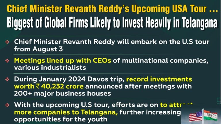 Telangana CM Revanth Reddy and Minister Sridhar Babu to Launch Global Tour in August to Attract Investments Chief Minister A Revanth Reddy, along with IT Minister Sridhar Babu and other key Cabinet ministers, will embark on a strategic international tour aimed at attracting significant investments to Telangana. This tour is scheduled from August 3 to 11, marking the second major investment-seeking journey by the state leadership. Strategic International Visits: From Seoul to the USA Following a successful initial visit to Davos, Switzerland, and the United Kingdom in January 2024, this second international tour will kick off in Seoul, South Korea, before moving to major US cities including New Jersey, New York, and Dallas. The focus will extend beyond Information Technology, encompassing investments in electric vehicles, life sciences, healthcare, and artificial intelligence. AI Summit and Investment Priorities The Telangana government has placed a strong emphasis on Artificial Intelligence, planning a global AI summit in September with substantial resource allocation. This initiative underscores the state's commitment to positioning itself as a leader in cutting-edge technologies. Political Implications and Leadership Dynamics The leadership of CM Revanth Reddy in these delegations has sparked considerable political discourse, drawing comparisons with former Bharat Rashtra Samithi IT Minister KT Rama Rao's initiatives. Political analysts are keenly observing the potential impact on the state's political landscape. A senior source noted, "The presence of the Chief Minister not only boosts investor confidence but also demonstrates the party's dedication to progress and facilitates swift decision-making." Addressing Telangana's Economic Challenges Amidst rumors of political motives, officials assert that the Congress-led government's efforts are focused on reviving Telangana's economy. A senior Congress leader stated, "Our goal is to bring the state out of financial distress and fulfill our employment promises by attracting new businesses to generate jobs for the youth." Investment Focus Across Sectors The delegation aims to secure investments across various emerging and established sectors. The itinerary includes meetings with top executives from multinational companies in the fields of life sciences, consumer products, technology, and electric vehicles in the US. In South Korea, the focus will be on electronics, textiles, and EVs. High-Level Engagements and Potential Partnerships CM Revanth Reddy, along with IT Minister Sridhar Babu and senior officials, will meet with CEOs and leadership teams of multinational corporations, extending invitations to invest in Telangana. The tour is expected to result in significant announcements regarding new investments and the signing of memoranda of understanding (MoUs). Previous Successes and Future Prospects Revanth Reddy's first international tour as CM in January 2024 resulted in securing Rs 40,000 crore in investments for Telangana. This tour included visits to Davos for the World Economic Forum and engagements in London and Dubai. The substantial investment commitments made during the Davos trip marked the highest ever secured by Telangana at the WEF summit. Promoting Key Development Projects During the upcoming tour, CM Reddy will promote several key projects, including the proposed pharma clusters along the Outer Ring Road (ORR) and Regional Ring Road (RRR). These clusters aim to attract investments in the MSME sector, technology, and life sciences, further driving the state's economic growth. Outreach to the Telugu Diaspora The itinerary also includes addressing the Telugu diaspora in New Jersey, fostering a sense of community and encouraging diaspora investments in Telangana's burgeoning economy. Conclusion: A Vision for Telangana's Future CM Revanth Reddy's proactive approach to attracting global investments underscores a broader vision for Telangana's economic future. By targeting diverse sectors and fostering international partnerships, the state aims to position itself as a hub for innovation and development. This strategic international tour, from Seoul to major US cities, reflects Telangana's commitment to economic revitalization and technological advancement.
