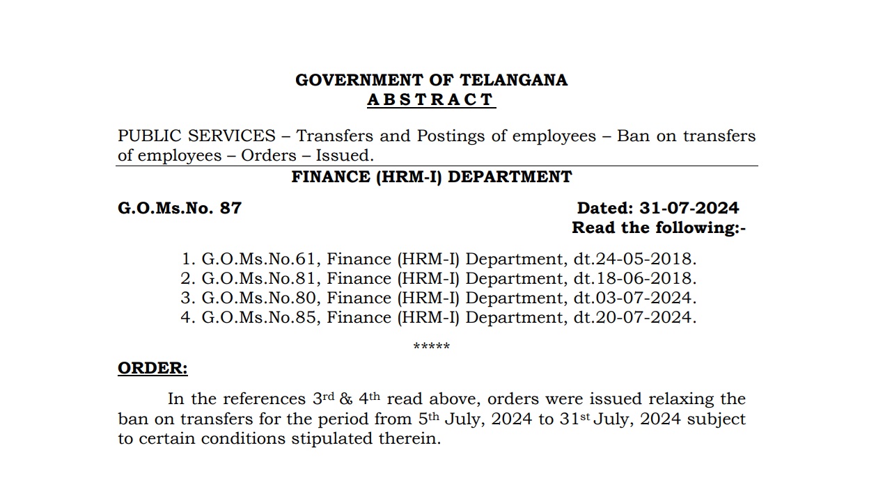 Telangana Government Imposes Ban on Employee Transfers from August 2024