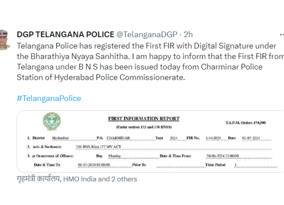 Telangana First FIR: According to the new laws, Telangana has registered its first case - DGP's announcement Introduction of New Criminal Laws in India With the implementation of the new Bharathiya Nyaya Sanhitha (BNS), digital signature FIRs have started across India. Telangana's first case has been registered, marking a significant milestone. First FIR with Digital Signature in Telangana On July 1, new criminal laws came into effect nationwide. Telangana police registered their first case under these laws in the Hyderabad Police Commissionerate's jurisdiction. A motorcyclist traveling without a number plate was booked at the Charminar Police Station. This case, filed under Section 281 BNS and the Motor Vehicle Act, represents the first digital FIR in the state, as confirmed by the Telangana DGP. First Case Registered in Delhi On the same day, the first case under the new laws was registered in Delhi. A street vendor was booked for blocking the road, resulting in an FIR under Section 285 of the Bharathiya Nyaya Sanhitha. This section penalizes unauthorized occupation of property, causing inconvenience to the public, with fines up to Rs. 5,000. Details from the Telangana DGP The Telangana DGP shared on Twitter: "Telangana Police has registered the First FIR with Digital Signature under the Bharathiya Nyaya Sanhitha. The First FIR from Telangana under BNS has been issued today from Charminar Police Station of Hyderabad Police Commissionerate." Changes Introduced by New Laws The new laws, effective from July 1, aim to make citizens more cautious and accountable. Home Minister Amit Shah expressed that these laws will bring about significant behavioral changes. Victims can now file complaints electronically without visiting the police station, and zero FIRs can be registered at any station irrespective of jurisdiction. Rights and Transparency Arrestees now have the right to inform their relatives or close ones about their situation, ensuring immediate assistance. Details of arrests will be displayed at local police stations and district headquarters. For serious crimes, forensic experts are mandated to visit the crime scene, and videography of the investigation is compulsory, enhancing transparency and trust in the legal process. DGP's Statement on Social Media Taking to X (formerly Twitter), Telangana DGP Ravi Gupta announced, "I am happy to inform that the First FIR from Telangana under B N S has been issued today from Charminar Police Station of Hyderabad Police Commissionerate." Accident Report An accident was reported at 2 a.m. involving a car heading towards the airport. The driver, Sai Ganesh, 25, was killed instantly. The body was sent to Gandhi Hospital for an autopsy, and the car was cleared from the expressway to resume traffic, according to Rajendranagar police. Overview of Bharatiya Nyaya Sanhita The Bharatiya Nyaya Sanhita comprises 358 sections, replacing the 511 sections of the Indian Penal Code (IPC). It introduces 20 new crimes, increases imprisonment sentences for 33 crimes, raises fines for 83 crimes, and mandates minimum punishments for 23 crimes. Additionally, community service penalties are introduced for six crimes, and 19 sections have been repealed. Conclusion The implementation of the new Bharathiya Nyaya Sanhitha marks a significant step towards modernizing India's legal system, enhancing transparency, and ensuring justice. The first FIR with a digital signature in Telangana underlines the state's commitment to these new legal standards.