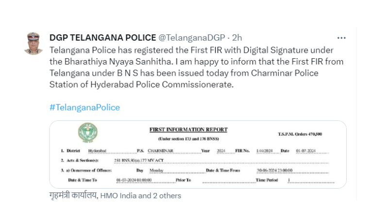 Telangana First FIR: According to the new laws, Telangana has registered its first case - DGP's announcement Introduction of New Criminal Laws in India With the implementation of the new Bharathiya Nyaya Sanhitha (BNS), digital signature FIRs have started across India. Telangana's first case has been registered, marking a significant milestone. First FIR with Digital Signature in Telangana On July 1, new criminal laws came into effect nationwide. Telangana police registered their first case under these laws in the Hyderabad Police Commissionerate's jurisdiction. A motorcyclist traveling without a number plate was booked at the Charminar Police Station. This case, filed under Section 281 BNS and the Motor Vehicle Act, represents the first digital FIR in the state, as confirmed by the Telangana DGP. First Case Registered in Delhi On the same day, the first case under the new laws was registered in Delhi. A street vendor was booked for blocking the road, resulting in an FIR under Section 285 of the Bharathiya Nyaya Sanhitha. This section penalizes unauthorized occupation of property, causing inconvenience to the public, with fines up to Rs. 5,000. Details from the Telangana DGP The Telangana DGP shared on Twitter: "Telangana Police has registered the First FIR with Digital Signature under the Bharathiya Nyaya Sanhitha. The First FIR from Telangana under BNS has been issued today from Charminar Police Station of Hyderabad Police Commissionerate." Changes Introduced by New Laws The new laws, effective from July 1, aim to make citizens more cautious and accountable. Home Minister Amit Shah expressed that these laws will bring about significant behavioral changes. Victims can now file complaints electronically without visiting the police station, and zero FIRs can be registered at any station irrespective of jurisdiction. Rights and Transparency Arrestees now have the right to inform their relatives or close ones about their situation, ensuring immediate assistance. Details of arrests will be displayed at local police stations and district headquarters. For serious crimes, forensic experts are mandated to visit the crime scene, and videography of the investigation is compulsory, enhancing transparency and trust in the legal process. DGP's Statement on Social Media Taking to X (formerly Twitter), Telangana DGP Ravi Gupta announced, "I am happy to inform that the First FIR from Telangana under B N S has been issued today from Charminar Police Station of Hyderabad Police Commissionerate." Accident Report An accident was reported at 2 a.m. involving a car heading towards the airport. The driver, Sai Ganesh, 25, was killed instantly. The body was sent to Gandhi Hospital for an autopsy, and the car was cleared from the expressway to resume traffic, according to Rajendranagar police. Overview of Bharatiya Nyaya Sanhita The Bharatiya Nyaya Sanhita comprises 358 sections, replacing the 511 sections of the Indian Penal Code (IPC). It introduces 20 new crimes, increases imprisonment sentences for 33 crimes, raises fines for 83 crimes, and mandates minimum punishments for 23 crimes. Additionally, community service penalties are introduced for six crimes, and 19 sections have been repealed. Conclusion The implementation of the new Bharathiya Nyaya Sanhitha marks a significant step towards modernizing India's legal system, enhancing transparency, and ensuring justice. The first FIR with a digital signature in Telangana underlines the state's commitment to these new legal standards.