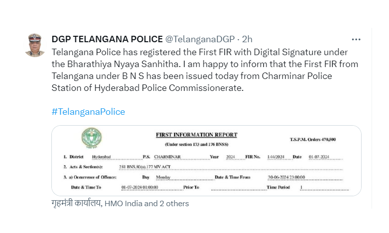 Telangana Registers First FIR Under New Criminal Laws