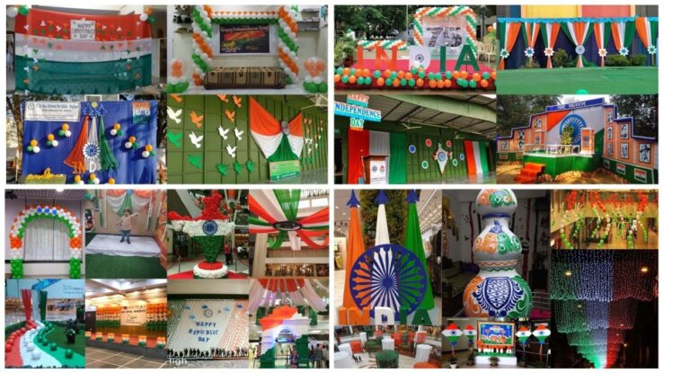 Independence Day is a time to celebrate freedom, unity, and the vibrant history of our nation. What better way to showcase your patriotic spirit than by decorating your home or event space? Whether you’re preparing for a celebration at school, home, a mall, or a tuition class, we’ve got you covered with a range of creative and easy-to-implement decoration ideas. Let’s dive into these inspiring Independence Day décor tips that will make your space shine with national pride. 1. Patriotic Balloon Decorations Balloons are a timeless and versatile decoration option that instantly uplifts any space. For Independence Day, opt for balloons in the colors of the national flag—saffron, white, and green. You can create balloon arches, bouquets, or even a photo booth backdrop. For an extra touch of creativity, add a few blue balloons with white stars to represent the Ashoka Chakra. Balloon decoration is perfect for both indoor and outdoor setups, whether you’re decorating a classroom, a living room, or a community hall. 2. DIY Paper Crafts for a Personalized Touch Paper crafts are an excellent way to add a personalized touch to your Independence Day decorations. You can create beautiful paper garlands, wall hangings, or even table centerpieces using tricolor paper. One popular idea is to cut out paper in the shape of the national flag and string them together to create a garland. Another idea is to create pinwheels or rosettes with the tricolor theme. These paper crafts are not only easy to make but also budget-friendly, making them ideal for decorating large spaces like schools or malls. 3. Tricolor Drapes and Fabrics Another impactful way to decorate your space for Independence Day is by using tricolor drapes and fabrics. You can hang saffron, white, and green drapes along walls, windows, or even use them as tablecloths. If you’re decorating a stage for an event, consider using tricolor fabric as a backdrop. This simple yet elegant decoration idea adds a festive atmosphere to any space, be it a classroom, a home, or a commercial area. 4. Creative Stage Decoration Ideas If you’re planning a stage event for Independence Day, the décor needs to be both eye-catching and thematic. Start by creating a backdrop that represents the essence of freedom and patriotism. You can use a combination of balloons, paper crafts, and fabric drapes to create a striking stage design. Adding elements like cutouts of the national emblem, images of freedom fighters, or quotes from famous leaders can enhance the patriotic feel. Don’t forget to incorporate the national flag prominently into your stage décor—it’s a symbol of pride and unity that will resonate with your audience. 5. Independence Day Table Settings If you’re hosting a small gathering or a formal event, consider decorating your tables with an Independence Day theme. Use tablecloths in the tricolor scheme, and add patriotic centerpieces like mini flags, candles in saffron, white, and green, or small flower arrangements. You can also create custom placemats featuring symbols of national pride or famous quotes about freedom. These small touches can make a big impact and leave your guests feeling truly immersed in the celebration. 6. Wall Art and Murals Transform your walls into a canvas of patriotism with themed wall art and murals. If you’re artistic, consider painting a mural that captures the spirit of Independence Day. For a simpler approach, you can create a collage of images representing key moments in the country’s history or display posters of iconic freedom fighters. Another idea is to create a photo wall where guests can attach pictures of their favorite patriotic moments. Wall art is a great way to make a bold statement and remind everyone of the significance of the day. 7. Tricolor Lighting for Ambiance Lighting plays a crucial role in setting the mood for any event, and Independence Day is no exception. Use tricolor lights to illuminate your space, creating a warm and festive atmosphere. You can drape string lights in saffron, white, and green around windows, doors, or along pathways. For a more dramatic effect, consider using spotlights or lanterns in the national colors. Tricolor lighting not only enhances the overall décor but also symbolizes the unity and diversity of the nation. 8. Incorporating Traditional Elements To add a cultural touch to your Independence Day décor, consider incorporating traditional elements. Use rangoli designs in the tricolor scheme at the entrance or around the main event area. You can also place traditional lamps or diyas as part of your décor, symbolizing the light of freedom and hope. Combining traditional elements with modern décor ideas creates a unique and meaningful celebration of Independence Day.