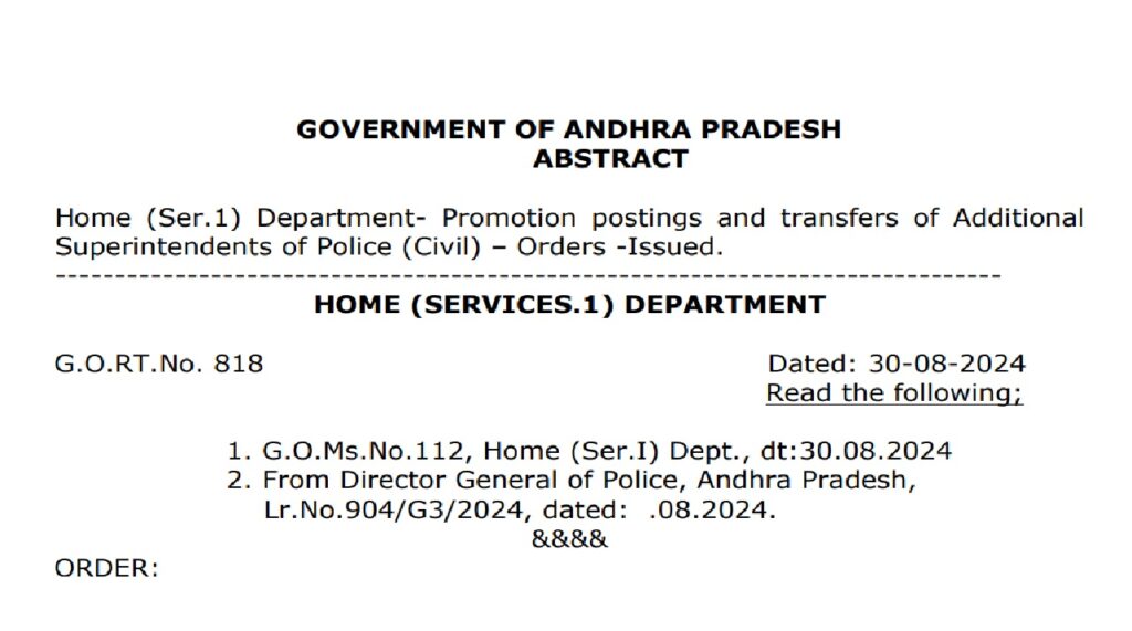 The Government of Andhra Pradesh, through the Home (Services) Department, has announced a series of promotions, postings, and transfers of Deputy Superintendents of Police (Civil) to the rank of Additional Superintendents of Police (Civil). This move, effective immediately, comes in accordance with the approval of the panel year 2023-2024 and is subject to the finalization of seniority and pending legal outcomes. Background of Promotions In the earlier Government Order (G.O.Ms.No.112), the panel of Deputy Superintendents of Police deemed fit for promotion to Additional Superintendents of Police was approved. This decision took into account the rules governing seniority within feeder categories and was contingent upon the resolution of any outstanding legal cases before the Tribunal or Courts. The Director General of Police, Andhra Pradesh, further endorsed these promotions by submitting proposals for specific officers to be promoted and recommending their subsequent transfers to various posts. List of Promoted Officers The Government has officially promoted the following Deputy Superintendents of Police (Civil) to the rank of Additional Superintendents of Police (Civil) for the panel year 2023-2024: N. Surendra (SC) P. Naga Raja Reddy V.V. Naidu J. Ramesh Reddy K. Srinivasulu A. Sreenivasulu M. Venkatadri (SC) N. Yughandar Babu G. Hussain Peera K. Janardhana Naidu M. Mohan Rao (ST) L. Nageswari Patrini Srinivasa Rao K. Vijay Paul M. Raja Rao (SC) L. Mohana Rao A. Trinadha Rao NBM Murali Krishna I. Rama Krishna K. Prakash Babu K.S. Vinod Kumar (SC) Y. Malleswar Reddy G. Veera Raghava Reddy Y. Srinivasa Reddy P. Veeranjaneya Reddy A.S. Chakravarthy (SC) K.V. Ramana P. Vijaya Kumar (ST) K. Prabhakar K. Ravi Manohara Chari Terms and Conditions of Promotion The promotions are temporary and conditional. The promoted officers may be reverted to their previous ranks without prior notice, depending on the final determination of their seniority and the outcomes of any pending legal matters. This conditional promotion underscores the importance of finalizing seniority lists and resolving ongoing legal disputes. Postings and Transfers of Promoted Officers Alongside the promotions, the Government has also ordered the following transfers and postings of the newly promoted Additional Superintendents of Police (Civil): N. Surendra - DSP, EOW-II: Report at Police Headquarters, Mangalagiri. P. Nagaraja Reddy - DSP, Waiting: Report at Police Headquarters, Mangalagiri. V.V. Naidu - ACP, Traffic-1, NTR Police Commissionerate: Report at Police Headquarters, Mangalagiri. J. Ramesh Reddy - DSP, Intelligence: Posted as Addl.SP, Intelligence in the existing vacancy. K. Srinivasulu - DSP, North, Rajahmundry, E.G.: Posted as Addl.SP, Crimes, East Godavari in the existing vacancy. A. Sreenivasulu - SDPO, Penukonda: Posted as Addl.SP, Admn., Puttaparthi, Sri Sathya Sai district in the existing vacancy. M. Venkatadri - SDPO, Renigunta: Report at Police Headquarters, Mangalagiri. N. Yughandar Babu - SDPO, Nandyal: Report at Police Headquarters, Mangalagiri. G. Hussain Peera - SDPO, Jammalamadugu: Report at Police Headquarters, Mangalagiri. K. Janardhana Naidu - SDPO, Tadipatri: Report at Police Headquarters, Mangalagiri. M. Mohan Rao - DSP, CID: Posted as Addl.DCP, Crimes, Visakhapatnam City in the existing vacancy. L. Nageswari - DSP, CID: Report at Police Headquarters, Mangalagiri. Patrini Srinivasa Rao - SDPO, Kasibugga: Posted as Addl.SP, Crimes, Srikakulam in the existing vacancy. K. Vijay Paul - DSP, Waiting: Report at Police Headquarters, Mangalagiri. M. Raja Rao - ACP, North, NTR Police Commissionerate: Posted as Addl.DCP, Crimes, NTR Police Commissionerate in the existing vacancy. L. Mohana Rao - DSRP, Rajahmundry: Posted as Addl.SP, Crimes, Anakapalli in the existing vacancy. A. Trinadha Rao - DSRP, Visakhapatnam: Report at Police Headquarters, Mangalagiri. NBM Murali Krishna - SDPO, Narsapur: Report at Police Headquarters, Mangalagiri. I. Rama Krishna - DSP, Intelligence attached to PTC, Tirupati: Posted as Addl.SP, L&O, Tirumala in the existing vacancy. K. Prakash Babu - DSP, Women PS, NTR Police Commissionerate: Posted as Addl.SP, Admn., Kadapa in the existing vacancy. K.S. Vinod Kumar - DSP, Waiting: Report at Police Headquarters, Mangalagiri. Y. Malleswar Reddy - DSP, Waiting: Report at Police Headquarters, Mangalagiri. G. Veera Raghava Reddy - DSP, Waiting: Report at Police Headquarters, Mangalagiri. Y. Srinivasa Reddy - DSP, Waiting: Report at Police Headquarters, Mangalagiri. P. Veeranjaneya Reddy - DSP, Waiting: Report at Police Headquarters, Mangalagiri. A.S. Chakravarthy - DSP, Waiting: Report at Police Headquarters, Mangalagiri. K.V. Ramana - DSP, CID: Report at Police Headquarters, Mangalagiri. P. Vijaya Kumar - DSP, Waiting: Report at Police Headquarters, Mangalagiri. Conclusion The Government of Andhra Pradesh has implemented these promotions and transfers to ensure the efficient functioning of the police department. The move is part of a broader strategy to maintain law and order, with the promoted officers expected to take on significant responsibilities in their new roles. The process, while provisional, reflects the Government's commitment to meritocracy and the rule of law. All affected officers are required to report to their new postings immediately, as specified in the orders.