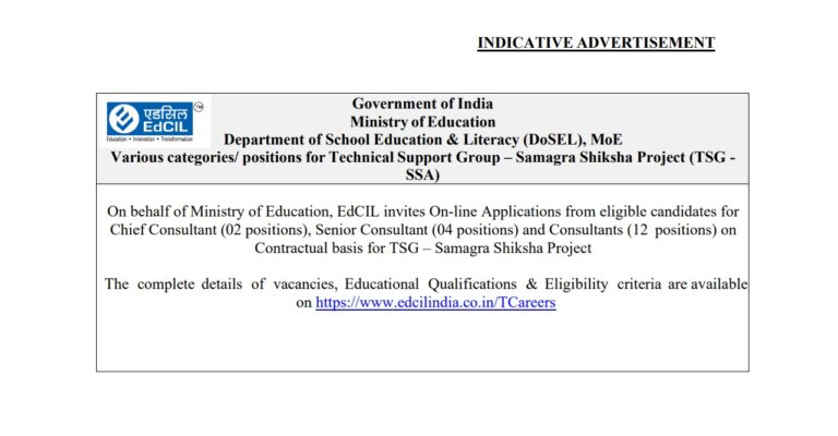 Government of India Ministry of Education Announces Consultant Positions for Samagra Shiksha Project The Government of India’s Ministry of Education has announced an opportunity for talented professionals to contribute to the Samagra Shiksha Project, a flagship program designed to enhance the quality of school education across the country. The Ministry invites online applications from eligible candidates for various consultancy positions within the Technical Support Group (TSG). This article provides comprehensive details about the available positions, qualifications, and application process. Overview of Samagra Shiksha Samagra Shiksha is an integrated scheme launched in 2018-19, aiming to provide inclusive and equitable quality education from pre-school to senior secondary levels. This centrally sponsored scheme aligns with the recommendations of the National Education Policy (NEP) 2020, focusing on improving learning outcomes, bridging gender and social gaps, and ensuring equity and inclusion in school education. More details about the scheme can be found on the Ministry of Education's official website at education.gov.in. Available Positions and Eligibility Criteria The Ministry is hiring for several key positions, each requiring specific qualifications and experience. Below is a breakdown of the available positions and the criteria for each role: Chief Consultant Positions Chief Consultant - NCF, Multilingualism, Textbook Number of Positions: 1 Fee Range: ₹1,20,000 - ₹1,50,000 Age Limit: 45 years Qualifications: Master’s degree in Social Sciences, Education, Linguistic Studies, or MBA with a minimum of 60% marks. Experience: 8 years of post-qualification experience in Curriculum Framework, Pedagogy, and Multilingualism. Desirable: M.Phil/Ph.D. holders with research experience and published papers. Chief Consultant - NDEAR & VSK Number of Positions: 1 Fee Range: ₹1,20,000 - ₹1,50,000 Age Limit: 45 years Qualifications: Master’s Degree/M.Tech in Computer Science, Engineering, or Information Systems/Technology with at least 60% marks. Experience: 8 years of experience in ICT, Data Analysis, and Computer Applications. Desirable: Ph.D. holders with expertise in website and app development. Senior Consultant Positions Senior Consultant - Access and Infrastructure Development Number of Positions: 1 Fee Range: ₹1,00,000 - ₹1,20,000 Age Limit: 40 years Qualifications: Master’s Degree in Civil Engineering/Architecture or B.Tech (Civil) with an MBA or 2-year PG Diploma in Management, with at least 60% marks. Experience: 5 years in Infrastructure Development/Civil Works. Senior Consultant - ECCE and FLN (Nipun Bharat Mission) Number of Positions: 1 Fee Range: ₹1,00,000 - ₹1,20,000 Age Limit: 40 years Qualifications: Master’s degree in Social Sciences, Education, or Social Work with at least 60% marks. Experience: 5 years in ECCE and Foundational Literacy & Numeracy. Desirable: M.Phil/Ph.D. holders with research experience and published papers. Senior Consultant - ICT & Digital Initiatives Number of Positions: 1 Fee Range: ₹1,00,000 - ₹1,20,000 Age Limit: 40 years Qualifications: Master’s Degree/M.Tech in Computer Science, Engineering, or Information Systems/Technology with at least 60% marks. Experience: 5 years in ICT, Data Analysis, and Computer Applications. Desirable: Ph.D. holders with expertise in website and app development. Senior Consultant - Monitoring & Evaluation Number of Positions: 1 Fee Range: ₹1,00,000 - ₹1,20,000 Age Limit: 40 years Qualifications: Master’s degree in Social Science, Education, or Social Work, or B.Tech/MBA with a 2-year PG diploma in Research Management with at least 60% marks. Experience: 5 years in Research Management, Evaluation, and Social Audit. Desirable: M.Phil/M.Tech/Ph.D. holders with monitoring experience in government schemes. Consultant Positions Consultant - Access and Infrastructure Number of Positions: 1 Fee Range: ₹80,000 - ₹1,00,000 Age Limit: 35 years Qualifications: Master’s Degree in Civil Engineering/Architecture or B.Tech (Civil) with an MBA or 2-year PG Diploma in Management, with at least 60% marks. Experience: 3 years in Infrastructure Development/Civil Works. Consultant - ECCE / Foundational Literacy & Numeracy Mission (FLNM) Number of Positions: 1 Fee Range: ₹80,000 - ₹1,00,000 Age Limit: 35 years Qualifications: Master’s degree in Social Sciences, Education, or Social Work with at least 60% marks. Experience: 3 years in ECCE and Foundational Literacy & Numeracy. Desirable: M.Phil/Ph.D. holders with research experience and published papers. Consultant - NDEAR & VSK Number of Positions: 1 Fee Range: ₹80,000 - ₹1,00,000 Age Limit: 35 years Qualifications: Master’s Degree/M.Tech in Computer Science, Engineering, or Information Systems/Technology with at least 60% marks. Experience: 3 years in Information Systems/Education Technology. Desirable: M.Phil/M.Tech/Ph.D. holders with expertise in website and app development. Consultant - PARAKH & Assessment, HPC, SSSA Number of Positions: 1 Fee Range: ₹80,000 - ₹1,00,000 Age Limit: 35 years Qualifications: Master’s Degree in Social Science, Education, or Psychometrics with at least 60% marks. Experience: 3 years in Psychometrics, Assessment, and Educational Administration. Consultant - Data & Strategy Unit, MIS, Data Analysis, Project Monitoring Unit (PRABANDH) and DBT (Data Analysis) Number of Positions: 1 Fee Range: ₹80,000 - ₹1,00,000 Age Limit: 35 years Qualifications: B.Sc. in Data Science, Engineering, B.Tech in Data Science, or a 2-year PG Diploma in Data Science. Experience: 3 years in Data Analytics and Data Management. Consultant - Monitoring, Research, and Evaluation (Monitoring Institutions Social Audit) Number of Positions: 1 Fee Range: ₹80,000 - ₹1,00,000 Age Limit: 35 years Qualifications: Master’s degree in Social Science, Education, or Social Work, or B.Tech/MBA with a 2-year PG diploma in Research Management with at least 60% marks. Experience: 3 years in Research Management, Evaluation, and Social Audit. Consultant - Media Community Mobilization and Campaigns (Swachh Vidyalaya Initiatives) Number of Positions: 1 Fee Range: ₹80,000 - ₹1,00,000 Age Limit: 35 years Qualifications: Master’s Degree in Social Sciences, Journalism, or Mass Communication with at least 60% marks. Experience: 3 years in Community Mobilization, Media Studies, and Journalism. Consultant - Legal Number of Positions: 2 Fee Range: ₹80,000 - ₹1,00,000 Age Limit: 35 years Qualifications: LLB with at least 60% marks. Experience: 3 years in Civil matters, especially in education and administration. Consultant - Gender & Equity Number of Positions: 1 Fee Range: ₹80,000 - ₹1,00,000 Age Limit: 35 years Qualifications: Master’s degree in Social Sciences, Education, or Social Work, or Special Education/B.Tech/MBA with a 2-year PG diploma in Management with at least 60% marks. Experience: 3 years in Gender Equity and Inclusive Education for Children with Special Needs. Desirable: M.Phil/Ph.D. holders with research experience and published papers. Consultant - Vocational Education Number of Positions: 1 Fee Range: ₹80,000 - ₹1,00,000 Age Limit: 35 years Qualifications: Master’s degree in Social Science, Vocational Education, MBA, or B.Tech with a 2-year PG Diploma in Management with at least 60% marks. Experience: 3 years in Education, Skill Vocational Development, NSQF, and Educational Management. Desirable: M.Tech, M.Phil/Ph.D. holders with research experience and published papers. Consultant - Quality and Innovation Number of Positions: 1 Fee Range: ₹80,000 - ₹1,00,000 Age Limit: 35 years Qualifications: Master’s Degree in Social Sciences, Education, Social Work, B.Tech, or MBA with a 2-year PG Diploma in Management with at least 60% marks. Experience: 3 years in Quality and Innovation in School Education. Desirable: Ph.D., M.Phil, M.Tech holders with research experience and published papers. General Instructions for Applicants Application Process: Only online applications will be accepted. Candidates must submit separate applications for each position they are applying for. Eligibility: Only Indian nationals are eligible to apply. Contract Terms: The engagement of consultants is on a full-time contractual basis, with the primary location being New Delhi. Position Flexibility: The number of positions and vacancies are indicative and subject to change without notice. Amendments: The competent authority reserves the right to amend or cancel the advertisement without prior notice. Qualification Requirements: All qualifications and experience must be obtained on or before May 31, 2024, from government-recognized institutions. Skills: Candidates should possess strong communication skills and proficiency in computer applications (MS Word, MS Excel, PowerPoint, etc.). Selection Process: The selection process may include a test of writing skills and/or an interview, based on the number of eligible applicants. Waiting List: A waiting list will be prepared for each category of consultants to accommodate potential vacancies. Government Employees: Candidates currently employed in government organizations or public sector enterprises must apply through the proper channel. Document Verification: Original documents proving qualifications, experience, and age must be presented during the interview process. Age Limit: The age limit is based on the date of May 31, 2024. Application Deadline: The last date for submitting online applications is July 30, 2024. No Application Fee: There is no fee for applying to the aforementioned positions. Contact Information: For queries, candidates may contact the recruitment team via email at tsgrecruitment@edcil.co.in. Conclusion The Samagra Shiksha Project offers a unique opportunity for professionals to contribute to the enhancement of the Indian education system. With a range of positions available, this recruitment drive seeks talented individuals committed to improving educational outcomes nationwide. Interested candidates are encouraged to apply online by the specified deadline and contribute to this transformative educational initiative.