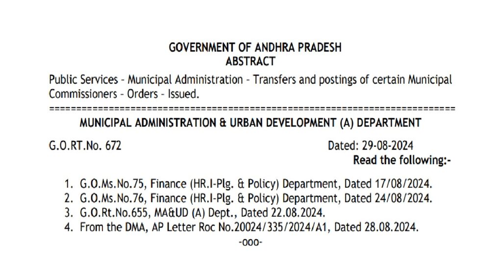The Government of Andhra Pradesh recently issued a significant set of orders concerning the transfers and postings of Municipal Commissioners within the state's urban administration. These administrative changes are detailed in the Government Order G.O.RT.No. 672, dated August 29, 2024, under the purview of the Municipal Administration & Urban Development (MA&UD) Department. This comprehensive reshuffling aims to optimize the efficiency and effectiveness of municipal services across various districts by reassigning responsibilities to seasoned and capable officers. Strategic Reassignments to Enhance Urban Administration In response to the recommendations made by the Director of Municipal Administration, the Andhra Pradesh government meticulously reviewed the current administrative landscape before executing these transfers. The primary objective behind this restructuring is to ensure that municipal bodies operate with enhanced efficiency, addressing local needs more effectively. The following key appointments have been made: Srikakulam Municipal Corporation: Sri PVVD Prasada Rao, previously serving as the Zonal Commissioner for Greater Visakhapatnam Municipal Corporation, has been appointed as the Commissioner of Srikakulam Municipal Corporation. His experience and leadership are expected to drive significant improvements in municipal governance in Srikakulam. Kakinada Municipal Corporation: Sri S. Manohar, formerly the Municipal Commissioner of Amalapuram, is now assigned as the Deputy Commissioner of Kakinada Municipal Corporation. He will replace Sri G. Sekhar, who is being reassigned within the administration. Kovvur Municipality: Sri T. Nagendra Kumar, who served as the Superintendent at Greater Visakhapatnam Municipal Corporation, has been transferred to Kovvur Municipality as the new Municipal Commissioner. His previous accomplishments in Palasa Kasibugga set a strong precedent for his role in Kovvur. Kanigiri Municipality: Sri K. Daniel Joseph, who was the Municipal Commissioner of Kovvur, is now posted as the Municipal Commissioner of Kanigiri. His transfer is part of a broader strategy to leverage his expertise in streamlining municipal operations. Narasapuram Municipality: Sri M. Anjaiah, formerly the Municipal Commissioner of Puttaparti, has been appointed as the Municipal Commissioner of Narasapuram. This move fills an existing vacancy and aims to strengthen the administrative framework in Narasapuram. Eluru Municipal Corporation: Sri B. Siva Reddy, a Municipal Commissioner of Grade-I, who was awaiting posting, is now designated as the Deputy Commissioner of Eluru Municipal Corporation. His role is crucial in addressing the challenges faced by the Eluru municipality. Atmakur Municipality, Nellore District: Sri C. Ganga Prasad, who served as the Municipal Commissioner of Sullurpeta, has been reassigned to Atmakur Municipality. His previous experience in Sullurpeta is anticipated to bring significant value to his new assignment. Adoni Municipality: Sri V. Mallikarjuna, a Grade-I Municipal Commissioner awaiting a new post, is now placed as the Municipal Commissioner of Adoni. This assignment is crucial in filling the administrative void in Adoni and ensuring continuous governance. Nandikotkur Municipality: Smt. S. Baby, previously serving as the Revenue Officer in Yemmiganur Municipality, has been appointed as the Municipal Commissioner of Nandikotkur. This transfer also marks the repatriation of Sri T. Sudhakara Reddy to his parent department, the State Audit Department. Anantapur Municipal Corporation: Sri G. Nagaraju, who held the role of Regional Director-cum-Appellate Commissioner of Municipal Administration in Visakhapatnam, has been transferred to Anantapur Municipal Corporation as its new Commissioner. This appointment aims to bolster the administrative strength of Anantapur. Additional Noteworthy Appointments The government order also includes several other key appointments and transfers, each aimed at reinforcing the administrative capabilities of various municipal bodies: Puttaparthi Municipality: Sri B. Prahalad, a Sanitary Inspector from Kadiri, has been appointed as the Municipal Commissioner, succeeding Sri M. Anjaiah. Chittoor Municipal Corporation: Sri A. Prasad, who served as the Town Project Officer for Nellore Municipal Corporation, is now assigned as the Assistant Commissioner of Chittoor. Nagari Municipality: Sri K.V. Krishna Reddy, who was set to return to his original position in Kadapa, has now been posted as the Municipal Commissioner of Nagari, taking over from Sri M. Manjunatha Gowd. Gooty Municipality: Sri B. Jabbar Miah, previously the Municipal Commissioner of Mydukur, is now assigned to Gooty Municipality. Implications of the Transfers and Postings The government's decision to execute these transfers and postings underscores its commitment to improving urban governance across Andhra Pradesh. By strategically placing experienced officers in key positions, the administration aims to address local challenges more effectively and ensure that municipal services are delivered efficiently. These changes are also part of a broader effort to optimize resource allocation, ensure accountability, and improve the responsiveness of municipal bodies to the needs of their communities. The selected officers bring with them a wealth of experience and a proven track record of success in their previous roles, making them well-equipped to handle the demands of their new positions. Conclusion The recent transfers and postings of Municipal Commissioners in Andhra Pradesh reflect the government's proactive approach to enhancing urban governance. By strategically reassigning officers to key positions, the administration seeks to improve the efficiency and effectiveness of municipal services across the state. These changes are expected to have a positive impact on local governance, ensuring that municipal bodies are better equipped to serve their communities.