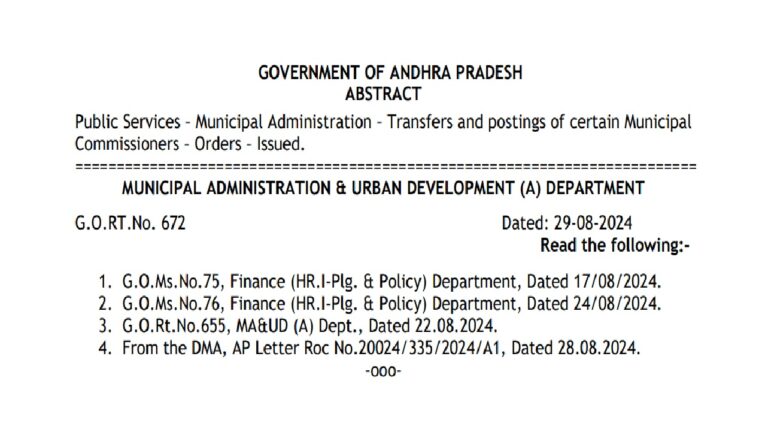 The Government of Andhra Pradesh recently issued a significant set of orders concerning the transfers and postings of Municipal Commissioners within the state's urban administration. These administrative changes are detailed in the Government Order G.O.RT.No. 672, dated August 29, 2024, under the purview of the Municipal Administration & Urban Development (MA&UD) Department. This comprehensive reshuffling aims to optimize the efficiency and effectiveness of municipal services across various districts by reassigning responsibilities to seasoned and capable officers. Strategic Reassignments to Enhance Urban Administration In response to the recommendations made by the Director of Municipal Administration, the Andhra Pradesh government meticulously reviewed the current administrative landscape before executing these transfers. The primary objective behind this restructuring is to ensure that municipal bodies operate with enhanced efficiency, addressing local needs more effectively. The following key appointments have been made: Srikakulam Municipal Corporation: Sri PVVD Prasada Rao, previously serving as the Zonal Commissioner for Greater Visakhapatnam Municipal Corporation, has been appointed as the Commissioner of Srikakulam Municipal Corporation. His experience and leadership are expected to drive significant improvements in municipal governance in Srikakulam. Kakinada Municipal Corporation: Sri S. Manohar, formerly the Municipal Commissioner of Amalapuram, is now assigned as the Deputy Commissioner of Kakinada Municipal Corporation. He will replace Sri G. Sekhar, who is being reassigned within the administration. Kovvur Municipality: Sri T. Nagendra Kumar, who served as the Superintendent at Greater Visakhapatnam Municipal Corporation, has been transferred to Kovvur Municipality as the new Municipal Commissioner. His previous accomplishments in Palasa Kasibugga set a strong precedent for his role in Kovvur. Kanigiri Municipality: Sri K. Daniel Joseph, who was the Municipal Commissioner of Kovvur, is now posted as the Municipal Commissioner of Kanigiri. His transfer is part of a broader strategy to leverage his expertise in streamlining municipal operations. Narasapuram Municipality: Sri M. Anjaiah, formerly the Municipal Commissioner of Puttaparti, has been appointed as the Municipal Commissioner of Narasapuram. This move fills an existing vacancy and aims to strengthen the administrative framework in Narasapuram. Eluru Municipal Corporation: Sri B. Siva Reddy, a Municipal Commissioner of Grade-I, who was awaiting posting, is now designated as the Deputy Commissioner of Eluru Municipal Corporation. His role is crucial in addressing the challenges faced by the Eluru municipality. Atmakur Municipality, Nellore District: Sri C. Ganga Prasad, who served as the Municipal Commissioner of Sullurpeta, has been reassigned to Atmakur Municipality. His previous experience in Sullurpeta is anticipated to bring significant value to his new assignment. Adoni Municipality: Sri V. Mallikarjuna, a Grade-I Municipal Commissioner awaiting a new post, is now placed as the Municipal Commissioner of Adoni. This assignment is crucial in filling the administrative void in Adoni and ensuring continuous governance. Nandikotkur Municipality: Smt. S. Baby, previously serving as the Revenue Officer in Yemmiganur Municipality, has been appointed as the Municipal Commissioner of Nandikotkur. This transfer also marks the repatriation of Sri T. Sudhakara Reddy to his parent department, the State Audit Department. Anantapur Municipal Corporation: Sri G. Nagaraju, who held the role of Regional Director-cum-Appellate Commissioner of Municipal Administration in Visakhapatnam, has been transferred to Anantapur Municipal Corporation as its new Commissioner. This appointment aims to bolster the administrative strength of Anantapur. Additional Noteworthy Appointments The government order also includes several other key appointments and transfers, each aimed at reinforcing the administrative capabilities of various municipal bodies: Puttaparthi Municipality: Sri B. Prahalad, a Sanitary Inspector from Kadiri, has been appointed as the Municipal Commissioner, succeeding Sri M. Anjaiah. Chittoor Municipal Corporation: Sri A. Prasad, who served as the Town Project Officer for Nellore Municipal Corporation, is now assigned as the Assistant Commissioner of Chittoor. Nagari Municipality: Sri K.V. Krishna Reddy, who was set to return to his original position in Kadapa, has now been posted as the Municipal Commissioner of Nagari, taking over from Sri M. Manjunatha Gowd. Gooty Municipality: Sri B. Jabbar Miah, previously the Municipal Commissioner of Mydukur, is now assigned to Gooty Municipality. Implications of the Transfers and Postings The government's decision to execute these transfers and postings underscores its commitment to improving urban governance across Andhra Pradesh. By strategically placing experienced officers in key positions, the administration aims to address local challenges more effectively and ensure that municipal services are delivered efficiently. These changes are also part of a broader effort to optimize resource allocation, ensure accountability, and improve the responsiveness of municipal bodies to the needs of their communities. The selected officers bring with them a wealth of experience and a proven track record of success in their previous roles, making them well-equipped to handle the demands of their new positions. Conclusion The recent transfers and postings of Municipal Commissioners in Andhra Pradesh reflect the government's proactive approach to enhancing urban governance. By strategically reassigning officers to key positions, the administration seeks to improve the efficiency and effectiveness of municipal services across the state. These changes are expected to have a positive impact on local governance, ensuring that municipal bodies are better equipped to serve their communities.