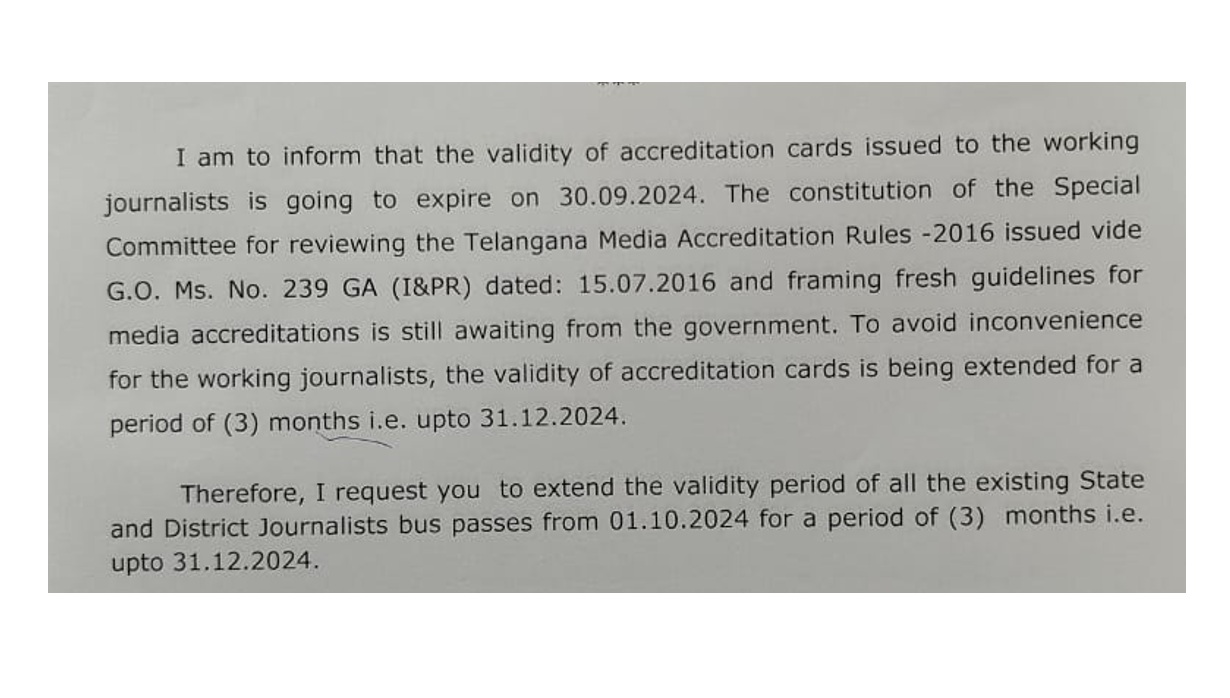 Extension of Validity for Telangana Journalists Bus Passes and Accreditation Cards