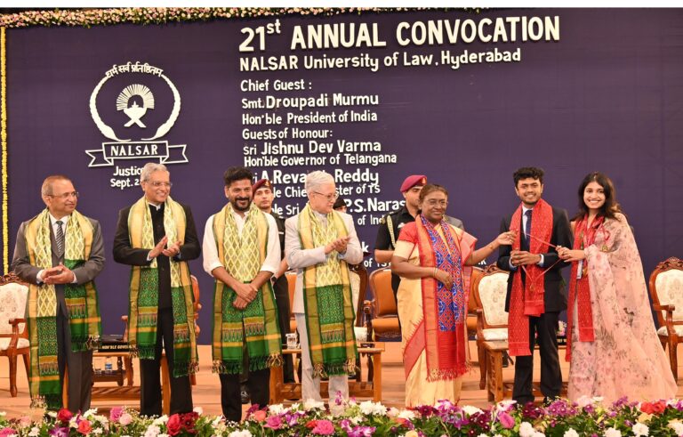 NALSAR University of Law, officially known as the National Academy for Legal Studies and Research (NALSAR), recently held its 21st convocation ceremony with grandeur. The event saw the honorable President of India, Mrs. Droupadi Murmu, as the chief guest, making the occasion even more prestigious. Several other dignitaries, including Governor Shri Jishnu Dev Varma, Chief Minister Shri A. Revanth Reddy, and Supreme Court Justice Shri P.S. Narasimha, graced the ceremony with their presence. Distinguished Guests and Their Roles in the Ceremony The convocation event at NALSAR University was marked by the presence of high-profile guests, each playing a significant role in the proceedings. The Chief Guest, President Droupadi Murmu, addressed the gathering, emphasizing the importance of legal education in fostering a just society. Governor Jishnu Dev Varma and Chief Minister Revanth Reddy also shared their insights, further highlighting the relevance of legal studies in modern governance and public service. Supreme Court Justice Shri P.S. Narasimha, a respected figure in India's legal landscape, shared his experiences with the graduating students, offering valuable advice as they embark on their professional journeys. His presence underscored the importance of dedication, integrity, and continuous learning in the field of law. NALSAR Chancellor and the Presentation of Degrees One of the most significant moments of the ceremony was when the Chancellor of NALSAR University, Justice Shri Alok Aradhe, who also serves as the Chief Justice of the Telangana High Court, awarded degrees to the graduates. Overseeing the conferral of degrees was a proud moment for Justice Aradhe, as he congratulated students on their hard work and perseverance throughout their academic journey. Justice Aradhe awarded degrees to 592 students, marking their successful completion of various courses. Among the degree recipients were students who had completed Ph.D., LLM, MBA, BA LLB, and BBA programs, showcasing the diverse range of educational offerings at NALSAR. Achievements of the Graduating Class The graduating class of NALSAR University this year was truly exceptional. Among the 592 graduates, 57 students received gold medals in recognition of their outstanding academic achievements. These top-performing students exemplified dedication and excellence in their respective fields of study. The awarding of gold medals was one of the most anticipated parts of the convocation. These medals not only symbolize academic brilliance but also serve as a testament to the rigorous academic standards that NALSAR University upholds. Contributions of the Vice-Chancellor and Registrar Vice-Chancellor Shri Srikrishna Deva Rao, along with Registrar Professor Mrs. N. Vasanthi, played a pivotal role in the smooth execution of the convocation ceremony. Their leadership in managing the academic and administrative aspects of the university was praised during the event. In his address, Vice-Chancellor Rao spoke about NALSAR's vision for the future and its commitment to providing world-class legal education. He emphasized the university's dedication to nurturing socially conscious legal professionals who are well-equipped to meet the challenges of the ever-evolving legal landscape. Dignitaries from Various Sectors Attend the Event In addition to the key dignitaries, several other notable figures from various sectors were present at the convocation ceremony. Minister Mrs. Seethakka, among other prominent personalities, attended the event, reflecting the widespread recognition of NALSAR’s influence in the field of legal education. Their presence signified the importance of interdisciplinary collaboration and the role of legal professionals in shaping various sectors of society. This gathering of leaders from diverse fields was a reminder of the far-reaching impact that legal education has on different aspects of governance, business, and public service. NALSAR's Reputation as a Premier Law Institution NALSAR University of Law has long been recognized as one of India’s premier legal institutions. Its reputation for producing highly competent legal professionals is well established. With a focus on providing a comprehensive legal education, NALSAR has become a hub for aspiring lawyers, judges, and public policymakers. The university’s curriculum is designed to equip students with not only the knowledge of the law but also the practical skills necessary to navigate the complexities of the legal system. This holistic approach to legal education has earned NALSAR a distinguished place among the top law schools in India. The Future of NALSAR Graduates As the 592 graduates embark on their professional journeys, they carry with them the values and principles instilled by NALSAR. These newly minted lawyers, legal scholars, and business professionals are expected to make significant contributions to the legal and corporate sectors. The 57 gold medalists, in particular, are poised to take on leadership roles in their respective fields. Their academic achievements, combined with the rigorous training they received at NALSAR, will undoubtedly set them on a path of success. The Role of Legal Education in Shaping Society The convocation ceremony also served as a reminder of the critical role that legal education plays in shaping a just and equitable society. Legal professionals are not only advocates for justice but also key players in the development of policies that affect millions of lives. The education provided at NALSAR prepares students to take on these responsibilities with confidence and competence. With the changing landscape of law, including the increasing importance of digital rights, environmental law, and international relations, NALSAR’s graduates are equipped to address these emerging challenges head-on. Their education goes beyond the traditional confines of law, preparing them to think critically and innovate within their profession. Conclusion The 21st convocation ceremony at NALSAR University of Law was a celebration of academic excellence, leadership, and the promise of a bright future for the legal profession. With distinguished guests like President Droupadi Murmu, Governor Jishnu Dev Varma, and Chief Minister Revanth Reddy, the event underscored the importance of legal education in building a just and prosperous society. The achievements of the 592 graduates, particularly the 57 gold medalists, serve as a testament to NALSAR’s commitment to excellence. As these graduates move forward in their careers, they carry with them the knowledge, skills, and values that will enable them to contribute meaningfully to the legal system and society at large. NALSAR continues to be a beacon of legal education, producing professionals who are ready to take on the challenges of the modern world.