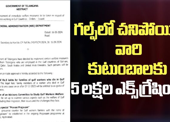GOVERNMENT OF TELANGANA ABSTRACT GAD NRI Announcement of immediate welfare measures to be taken in respect of persons from Telangana working in Gulf Countries - Orders Issued. GENERAL ADMINISTRATION (NRI) DEPARTMENT G.O.Ms. No.205 Dated: 16.09.2024. Read: From the Pd. Secretary to Honble CM Ref No 240/PSCM/2024, Dt 16 09 2024 ORDER: The Government of Telangana have decided to implement certain welfare measures for persons hailing from Telangana who are employed in the Gulf countries of Bahrain, Kuwait, Iraq,Oman, Qatar, Saudi Arabia and United Arab Emirates. Such persons will be termed as Gulf Workers. 2. Accordingly, in principle approval 6 hereby accorded to the following 1 Ex-gratia of Rs.S lakhs for families of gulf workers who die in Gulf countries: The legal hee/ family members of a worker who died in Gulf countries due to any cause on or after 07-12-2023 will be entitled to es grata of five lakh Rupees. 2 Constitution of an Advisory Committee to Study Gulf Workers Welfare. A committee be set up to examine various aspects such as the welfare of Gulf Workers, including thee migration, thee issues and the challenges they face. 3. Conducting special "Pravasi Prajavani" A dedicated grievance counter for Gulf workers families with the name of "Pravasi Praiavaani" be established in the ongoing Praiavaani programme at Praia Bhavan, Hyderabad 4. Priority admission to the children of Gulf workers in Govt. Residential Schools Children of Gulf workers will be provided admission on a priority bass in Government Residential Schools. 3. The General Administration Department, the Planning Department and all the Departments that implement the Residential Schools program will take further action to implement the above initiatives in a time bound manner. (BY ORDER AND IN THE NAME OF THE GOVERNOR OF TELANGANA) SANTHI KUMARI CHIEF SECRETARY TO GOVERNMENT To The Secy. to Govt., (Political), Genl. Admn. Dept., The Prl. Secretary to Govt., (PIg.) / Prl. Secy to Govt., (BCW) / Prl. Secy. to Govt., (Edn) / Prl. Secy. to Govt., (SCD) Dept., The Secy., to Govt., (TW) Dept., / Secy., to Govt., (MW) Dept., CODY to: The Spl.Chief Secretary to Government, Finance Department. The Finance (EBS.I) Department The Principal Secretary to Chief Minister, The P.S to Hon'ble Minister for Transport, BC Welfare, Sn Adi Srinwas, Govt. Whip, MIA, Vemulawada, The OSD to CM (VS), The OSD to Chief Secretary to Government, The PS to Secretary to Govt. (Poll.) The PS to Joint Secretary to Govt. (Protocol) SF/SC. /1 FORWARDED BY ORDER // SECTION OFFICER