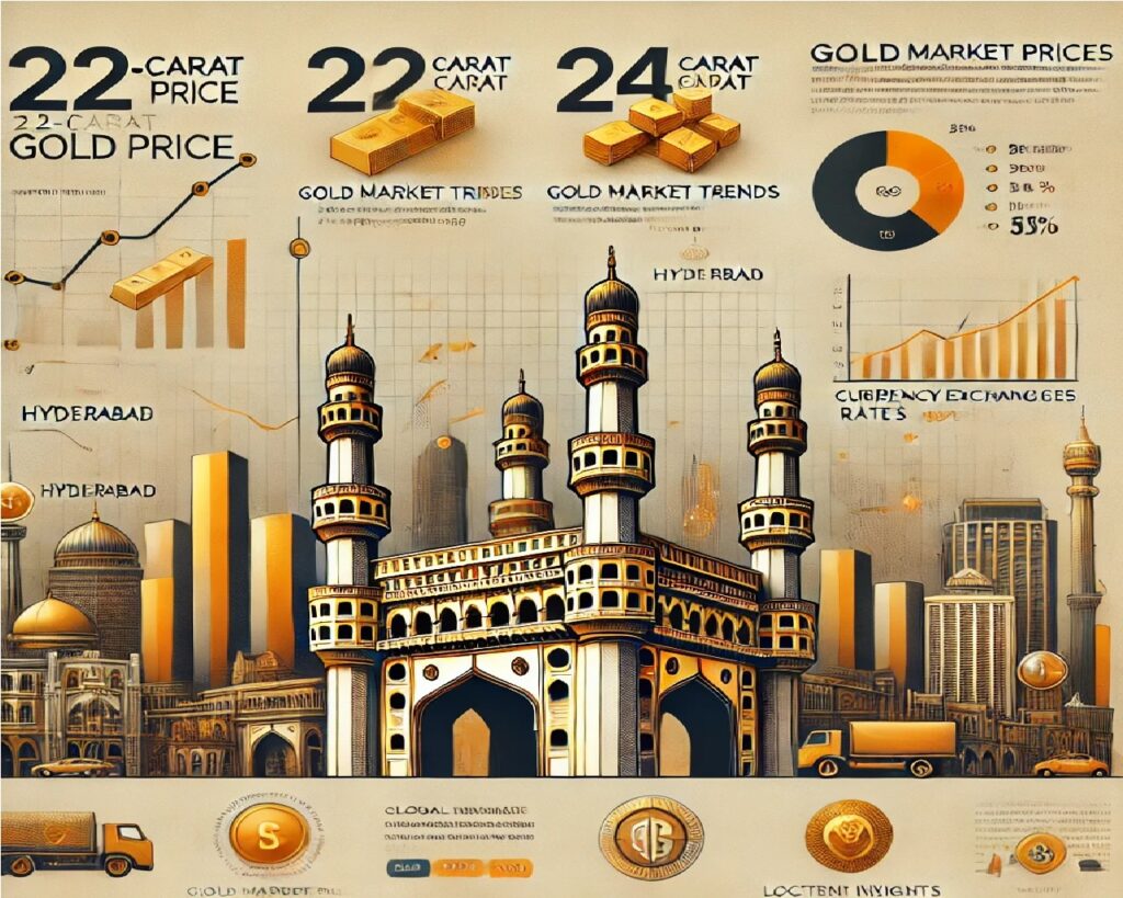 he gold market in Hyderabad, much like across India, sees continuous fluctuations that reflect both local and international market trends. Here, we provide the latest gold and silver rates in Hyderabad to keep you informed and help guide your investment choices effectively. This article covers today's gold rates, recent price movements, and valuable insights for those interested in Hyderabad's dynamic gold market. Understanding Gold Price Variations in Hyderabad Gold prices in Hyderabad, as of October 27, 2024, are set at ₹7,218.8 for 22-carat and ₹7,875 for 24-carat gold. Fluctuations in gold rates are influenced by multiple factors, including global economic indicators, currency exchange rates, and local demand. For example, a 0.31% increase on October 25 brought 24-carat gold up to ₹7,875 per gram, indicating steady demand and minor adjustments in market conditions. Gold Rates Today: Essential Information 24 Carat Gold in Hyderabad: ₹7,875 per gram 22 Carat Gold in Hyderabad: ₹7,218.8 per gram 18 Carat Gold in Hyderabad: ₹5,906.3 per gram Whether buying gold jewelry, coins, or investing in bullion, staying updated with the latest rates ensures you make informed and timely decisions. Real-Time Silver Rate in Hyderabad Like gold, silver is also a popular investment in Hyderabad, often used for jewelry and as a trading commodity. We provide real-time updates to help both seasoned investors and new buyers monitor the market. For current silver rates in Hyderabad, checking daily updates allows you to stay competitive and make the most of your silver investments. Daily Gold Price Updates: October 24–25, 2024 October 25, 2024: Gold Rate Movement On October 25, 2024, Hyderabad's 24-carat gold (Gold 999) rate showed a small rise of 0.31%, with prices reaching ₹78,750 for 10 grams. This increase underscores the responsive nature of the gold market in Hyderabad to both local demand and international price trends. On the same day, 22-carat gold stood at ₹72,188 for 10 grams. October 24, 2024: Price Adjustment Just a day before, on October 24, 2024, the 24-carat gold rate in Hyderabad rose to ₹78,510 per 10 grams, a 0.62% increase from ₹78,030 on October 23. Such price hikes reflect market sentiment influenced by fluctuations in international rates and the local market’s supply-demand dynamics. Key Factors Impacting Gold Prices in Hyderabad Gold holds a unique cultural and economic position in Hyderabad, where it’s prized not only as an adornment but also as an investment asset. Hyderabad’s gold prices are influenced by several factors: Global Gold Prices: International demand, influenced by economic trends and investor sentiment, significantly impacts Hyderabad’s gold rates. Currency Exchange Rates: The USD/INR exchange rate directly affects the price of gold in India. Local Demand: Demand spikes during festivals, weddings, and auspicious occasions drive price surges. Geopolitical and Economic Factors: Events impacting global stability, such as economic downturns, inflation, or changes in international trade, often lead to gold price increases as investors turn to gold as a safe asset. By staying updated on Hyderabad’s gold rates, you can navigate these dynamic factors and make informed purchase or investment decisions.