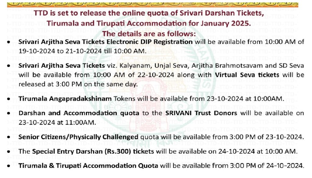 Tirumala Tirupati Devasthanams (TTD) has officially announced the release of the online quota for Srivari Darshan tickets and accommodation for the month of January 2025. This comprehensive guide will provide you with all the details on the booking process, key dates, and the available services for devotees planning their pilgrimage to the sacred temple of Tirumala. Online Booking for Srivari Arjitha Seva Tickets TTD will initiate the online quota of Srivari Arjitha Seva Tickets through an Electronic DIP Registration system. This online registration is designed to make the process smooth and efficient for devotees who wish to participate in various seva (service) offerings. Registration Window: Devotees can register for Srivari Arjitha Seva Tickets starting from 10:00 AM on October 19, 2024, and the registration will close on October 21, 2024, at 10:00 AM. This limited-time window ensures that only those with genuine intent will apply. Types of Arjitha Seva Tickets Available For devotees interested in participating in the sacred sevas, several options will be available. These include: Kalyanam Seva: A sacred ceremony symbolizing the celestial wedding. Unjal Seva: A ritual where the deity is placed on a swing. Arjitha Brahmotsavam: A special seva conducted during Brahmotsavam. SD Seva: An exclusive opportunity for certain devotees. All these seva tickets will be released online at 10:00 AM on October 22, 2024. Additionally, the Virtual Seva Tickets will be available at 3:00 PM on the same day, providing devotees an opportunity to participate in the rituals remotely. Angapradakshinam Tokens Devotees looking to perform the Angapradakshinam (a traditional practice of rolling around the temple in devotion) can secure their tokens starting from October 23, 2024, at 10:00 AM. As these tokens are in high demand, it's crucial to be prepared to book as soon as the window opens. SRIVANI Trust Donors: Darshan and Accommodation Quota Special privileges are available for donors to the SRIVANI Trust. TTD has allocated a specific quota of darshan and accommodation for these donors, which will become available starting at 11:00 AM on October 23, 2024. This offers an exclusive opportunity for trust donors to book in advance and ensure a seamless visit to the Tirumala temple. Senior Citizens and Physically Challenged Quota TTD remains committed to ensuring that senior citizens and physically challenged individuals can access the temple easily. A dedicated darshan quota for these devotees will be released on October 23, 2024, at 3:00 PM. This quota ensures that those who may face physical challenges have a smoother and more comfortable darshan experience. Special Entry Darshan (Rs.300) Tickets For those looking for a faster darshan experience, TTD will release Special Entry Darshan Tickets priced at Rs. 300. These tickets will become available on October 24, 2024, at 10:00 AM, providing a more expedited way to seek blessings at the temple. Tirumala and Tirupati Accommodation Quota Booking accommodation is a crucial part of planning a pilgrimage to Tirumala or Tirupati. To assist devotees in securing a stay, TTD will release the accommodation quota for both Tirumala and Tirupati on October 24, 2024, at 3:00 PM. It is advisable to book accommodations early as they tend to get fully reserved quickly, especially during peak pilgrimage seasons. Key Takeaways for Devotees Srivari Arjitha Seva Ticket Registration: October 19 to 21, 2024. Seva Ticket Release: October 22, 2024, at 10:00 AM; Virtual Seva tickets at 3:00 PM. Angapradakshinam Tokens: Available from October 23, 2024, at 10:00 AM. SRIVANI Trust Donors Quota: Darshan and accommodation available from October 23, 2024, at 11:00 AM. Senior Citizens and Physically Challenged Quota: Darshan available from October 23, 2024, at 3:00 PM. Special Entry Darshan (Rs. 300) Tickets: Available on October 24, 2024, at 10:00 AM. Accommodation Quota: Available from October 24, 2024, at 3:00 PM. Plan Your Pilgrimage with TTD's Streamlined Online System The Tirumala Tirupati Devasthanams has consistently strived to make the pilgrimage process smoother for devotees, and the online quota system is a key part of that effort. By securing your darshan tickets and accommodation in advance, you can ensure a peaceful and spiritual experience during your visit to the holy Tirumala temple. Make sure to mark the key dates on your calendar and act promptly to avoid disappointment. With TTD’s efficient online booking system, the sacred journey to Tirumala has become more accessible and well-organized for all devotees.