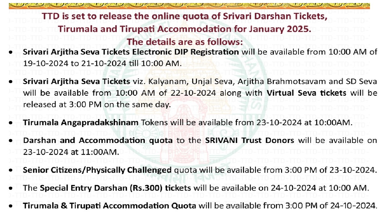 TTD Announces Srivari Darshan and Accommodation Online Quota for January 2025