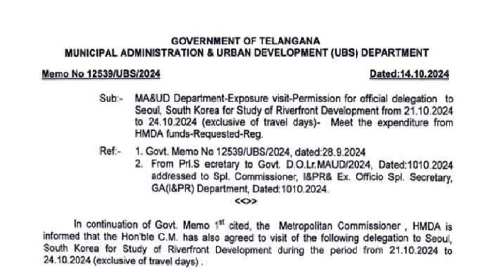 The Government of Telangana, under the Municipal Administration and Urban Development (MA&UD) Department, has approved an official delegation to visit Seoul, South Korea. The purpose of the visit is to study riverfront development projects from October 21, 2024, to October 24, 2024, with travel days excluded. The costs for this visit will be met through the funds of the Hyderabad Metropolitan Development Authority (HMDA), aligning with their urban rejuvenation objectives. Importance of Riverfront Development for Telangana's Urban Growth Riverfront development plays a vital role in urban revitalization, creating public spaces that boost the quality of life in cities. With growing concerns about sustainable development and environmental preservation, Telangana is keen to study global best practices. Seoul, a world leader in urban planning and environmental sustainability, offers a prime case study for the state. The Telangana government aims to apply learnings from Seoul to enhance its own urban projects, particularly in Hyderabad. Delegation Members for the Seoul Visit The delegation to Seoul consists of prominent government officials, media representatives, and members of the legislature. The key individuals participating in this study tour are as follows: Sri Chatanala Kean Kumar - Member of Parliament, Government of Telangana Sri Kale Yadalah - Member of the Legislative Assembly (MLA), Government of Telangana Manthripragada Hanumantha Rao, IAS - Special Commissioner (I&PR), Government of Telangana Sri Karri Sdram - Director of Media & Communications, Government of Telangana Sri Nirnmakayala Vamsi Srinkras - Bureau Chief, Deccan Chronicle Sri Mahesh Kodde - Senior Assistant Editor, Times of India Smt. Vadlamudi Swathi - Senior Assistant Editor, The Hindu Sri Bolli Kartheek - Senior Reporter, New Indian Express Sri Mandapalle Laxmi Narasimha Reddy - Bureau Chief, Eenadu Sri Uppuloon Gita Naga Murali Krishna - Bureau Chief, Andhra Jyothi Sri B. Arun Kumar - State Bureau Reporter, Velugu Sri Dokuti Venkateshwar Reddy - City Bureau Chief, Saakshi Sri Mohammed Ismail Atoned - Senior Reporter, The Siasat Daily Sri Mohammed Iftequar All Eternaad - Senior Correspondent, Eternaad Daily Sri Maripani Prabhakar - Senior Correspondent, TV9 News Sri Ramesh Donthu - Bureau Chief, NTV Telugu News Sri Margam Srinivas - Bureau Chief, TV5 Telugu News Sri Jonnada Yadaiah - State Bureau Reporter, V6 Telugu News Sri Modhala Narsinga Rao - Bureau Chief, ABN Sri Pochiraju Sriram Murthy - Bureau Chief, ETV Objectives of the Delegation's Visit to Seoul The primary goal of this visit is to understand how Seoul has successfully transformed its riverfronts, including the iconic Cheonggyecheon Stream. Cheonggyecheon’s revival is a benchmark in sustainable urban design, balancing development with ecological restoration. The Telangana delegation hopes to gain insights that can be applied to similar projects in Hyderabad, particularly along the Musi River. The Musi River, which flows through Hyderabad, has faced years of pollution and degradation. The state government has prioritized the river's rejuvenation as a key aspect of its urban development agenda. Learning from Seoul’s integrated approach to riverfront development will allow Telangana to incorporate innovative solutions to environmental issues while promoting urban growth. HMDA’s Role in Telangana’s Urban Rejuvenation The HMDA has been instrumental in the urban planning and development of Hyderabad and surrounding areas. Their involvement in this delegation underscores their commitment to transforming Telangana’s urban landscape. The funds for this visit will come directly from HMDA’s budget, aligning with the authority’s long-term mission to rejuvenate Hyderabad and other urban areas under its jurisdiction. This study tour is part of a broader strategy to promote sustainable development, enhance public spaces, and create eco-friendly urban infrastructure. The HMDA aims to replicate successful international models like Seoul's riverfront development to make Hyderabad a world-class city. Conclusion: The Future of Telangana’s Riverfronts The Telangana government's decision to send a high-level delegation to Seoul marks a significant step toward the state’s urban transformation goals. The lessons learned from this visit will guide future riverfront projects, particularly the revitalization of the Musi River. By embracing international best practices, Telangana can position itself as a leader in sustainable urban development in India. The visit to Seoul is not just a study tour; it is an investment in the future of Telangana's cities.