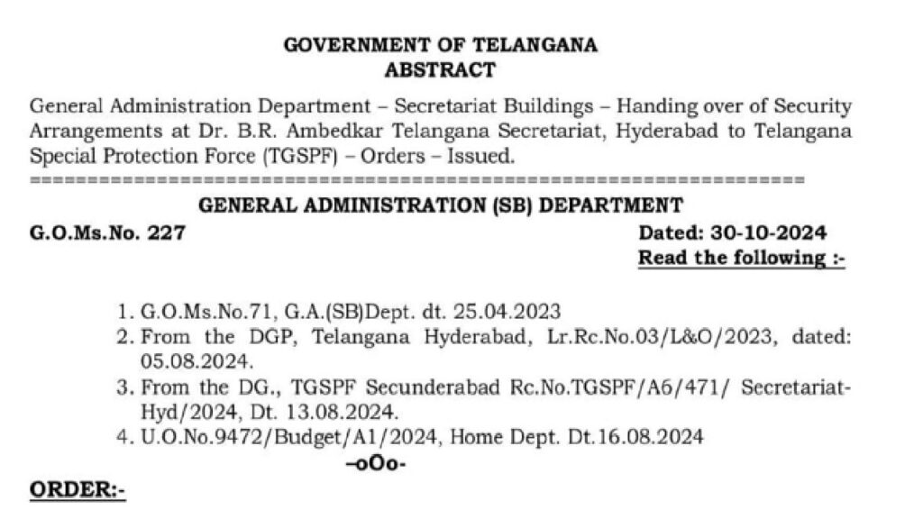 The Telangana Government has announced a significant update in the security protocol at the Dr. B.R. Ambedkar Telangana Secretariat in Hyderabad. Aimed at enhancing the safety of one of the state’s most vital administrative hubs, security responsibilities are being officially transferred from the Telangana Special Police to the Telangana Special Protection Force (TGSPF). This change is intended to leverage TGSPF's expertise in safeguarding sensitive sites, with the handover directive formalized under the General Administration Department’s Government Order (G.O.) No. 227.