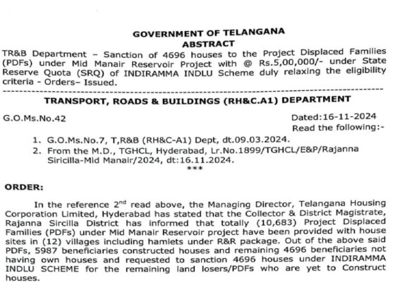 Housing for Project Displaced Families (PDFs) The Mid Manair Reservoir Project displaced 10,683 families. While 5,987 beneficiaries have already constructed homes under the Rehabilitation and Resettlement (R&R) package, 4,696 families remain without their own houses. This approval ensures that all affected families will have proper housing, promoting social stability and economic growth in the region. Financial Support Under INDIRAMMA INDLU Scheme Each approved house will receive funding of ₹5,00,000 under the State Reserve Quota (SRQ) of the INDIRAMMA INDLU Scheme. This allocation demonstrates the government's willingness to go beyond standard eligibility criteria to meet urgent needs. The decision emphasizes Telangana's proactive approach to disaster mitigation and rehabilitation. Relaxation of Eligibility Criteria Acknowledging the unique circumstances of these displaced families, the government has decided to relax certain eligibility criteria specified in earlier regulations. This relaxation ensures that families previously excluded due to rigid guidelines will now benefit from the scheme. Roles of Key Authorities The Managing Director of the Telangana Housing Corporation Limited (TGHCL) and the Collector & District Magistrate of Rajanna Sircilla District are responsible for implementing this initiative. Their tasks include: Coordinating with beneficiaries. Overseeing the disbursement of funds. Monitoring construction progress to ensure timely completion. This structured approach highlights the state's efficiency in executing large-scale welfare projects. Broader Impact of the Initiative The provision of houses under the Mid Manair Reservoir Project is more than just a housing scheme. It has multiple positive impacts: Economic Growth: Construction activities generate employment and boost local economies. Improved Quality of Life: Families gain access to secure and permanent homes. Social Stability: Housing ensures a sense of community and belonging among displaced families. The initiative also aligns with Telangana's broader goals of sustainable development and social welfare. Key Takeaways Comprehensive Coverage: The decision ensures no displaced family is left behind. Increased Funding: Each house is supported with ₹5,00,000, reflecting the government's commitment. Relaxed Guidelines: Flexible criteria make the scheme more inclusive.