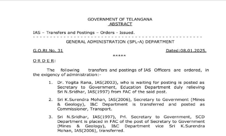 GOVERNMENT OF TELANGANA ABSTRACT IAS – Transfers and Postings – Orders – Issued. GENERAL ADMINISTRATION (SPL-A) DEPARTMENT G.O.Rt.No. 31 Dated: 08.01.2025 ORDER: The following transfers and postings of IAS Officers are ordered, in the exigency of administration: Dr. Yogita Rana, IAS (2003), who is waiting for posting, is posted as Secretary to Government, Education Department duly relieving Sri N. Sridhar, IAS (1997) from FAC of the said post. Sri K. Surendra Mohan, IAS (2006), Secretary to Government (Mines & Geology), I&C Department is transferred and posted as Commissioner, Transport. Sri N. Sridhar, IAS (1997), Prl. Secretary to Government, SCD Department is placed in FAC of the post of Secretary to Government (Mines & Geology), I&C Department vice Sri K. Surendra Mohan, IAS (2006), transferred.
