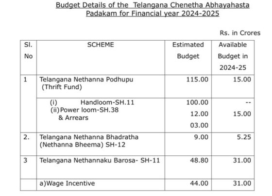 Telangana Chenetha Abhayahastha Padakam: Empowering Handloom Weavers in 2024-2025 The Telangana government has introduced a significant welfare initiative, the Telangana Chenetha Abhayahastha Padakam, aimed at ensuring the socio-economic development of handloom weavers across the state. Announced by the Hon'ble Chief Minister during the launch of the Konda Lakshman Bapuji Indian Institute of Handloom Technology on September 9, 2024, this program focuses on improving the lives of handloom artisans through structured schemes and financial assistance. Understanding the Telangana Chenetha Abhayahastha Padakam This initiative is a comprehensive strategy to boost the welfare of handloom weavers while addressing their financial and social challenges. Below is an overview of its components, guidelines, and budget allocations. Key Objectives of the Program Welfare of Weavers: Ensure the overall development of handloom weavers through financial support, insurance coverage, and wage incentives. Sustainable Growth: Promote the long-term sustainability of the handloom industry by addressing challenges faced by artisans. Inclusive Implementation: Operate within the allocated budget to ensure maximum impact without financial strain on the state. Budget Allocation for 2024-2025 The Telangana government has approved specific schemes under the Chenetha Abhayahastha Padakam, with an overall allocation planned for efficient utilization. Here’s a breakdown: 1. Telangana Nethanna Podhupu (Thrift Fund) Estimated Budget: ₹115.00 Crores Available Budget: ₹15.00 Crores Components: Handloom-related schemes (₹100.00 Crores). Power loom components and arrears (₹15.00 Crores). 2. Telangana Nethanna Bhadratha (Nethanna Bheema) Estimated Budget: ₹9.00 Crores Available Budget: ₹5.25 Crores Focus: Insurance and financial security for weavers and their families. 3. Telangana Nethannaku Barosa Estimated Budget: ₹48.80 Crores Available Budget: ₹31.00 Crores Sub-scheme: Wage Incentive (₹44.00 Crores with ₹31.00 Crores available). Guidelines for Implementation The government has outlined structured guidelines for implementing the Telangana Chenetha Abhayahastha Padakam to maximize its impact: Target Beneficiaries: The schemes prioritize active weavers associated with handloom and power loom sectors. Accountability: The Commissioner of Handlooms & Textiles, Hyderabad, is responsible for overseeing the execution of the program. Financial Transparency: All schemes are to be executed within the existing budget allocation for the fiscal year 2024-2025. Strategic Benefits for Handloom Weavers The Telangana Chenetha Abhayahastha Padakam is more than just a financial aid program; it represents a vision for a better future for the handloom community. The benefits include: Improved Financial Stability: Direct financial support to weavers ensures economic security. Enhanced Livelihood Opportunities: The wage incentive scheme encourages higher productivity and rewards the artisans' efforts. Insurance Protection: Initiatives like Nethanna Bheema provide critical safety nets for weavers and their families. Commitment to Excellence Under the directive of the Telangana government, the Commissioner of Handlooms & Textiles is tasked with ensuring the seamless implementation of the Chenetha Abhayahastha Padakam. This involves maintaining accountability, ensuring timely disbursements, and addressing challenges faced by the beneficiaries.