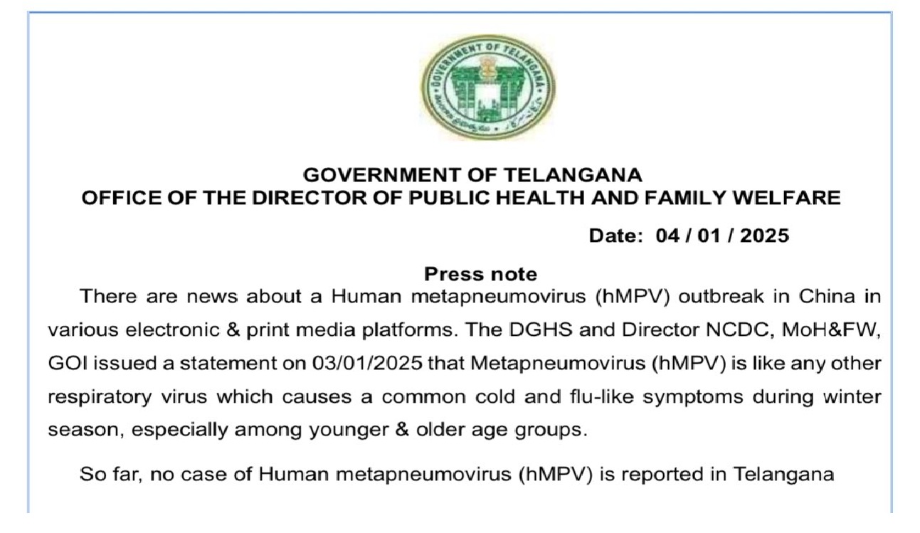 Telangana govt issues Dos & Don’ts in view of HMPV outbreak in China
