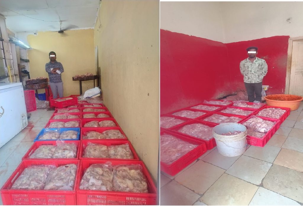 Authorities Raid Chicken Shops in Hyderabad, Seize Contaminated Meat – Two Arrested Massive Seizure of Noxious Chicken in Secunderabad In a significant crackdown on the sale of contaminated meat, the Commissioner’s Task Force, North Zone Team, Hyderabad City, in coordination with the Sanitary Officer of Cantonment, Secunderabad, conducted surprise raids on two chicken shops—‘S.S.S Chicken Shop’ and ‘Ravi Chicken Shop’—located in Anna Nagar and Arjun Nagar, Begumpet, Secunderabad. During the operation, officials seized a massive quantity of hazardous chicken unfit for consumption and arrested two individuals involved in the illegal trade. Details of the Accused The arrested individuals were identified as: M. Bhasker (34), son of M. Ellaiah, owner of S.S.S Chicken Shop, Arjun Nagar, Rasoolpura, Secunderabad. Botta Raveendar (24), son of Iialah, owner of Ravi Chicken Shop, Anna Nagar, Balamrai, Secunderabad. Seized Material Authorities confiscated approximately 600 kilograms of frozen and stored hazardous chicken waste and bones, which were intended for sale to various eateries at significantly lower prices than market rates. Uncovering the Illegal Trade – How Contaminated Chicken Reached Consumers Investigations revealed that both accused individuals, residents of Indiranagar, Rasoolpura, and Indirammanagar, respectively, devised a scheme to sell discarded chicken waste and bones. Their primary customers included fast-food outlets and establishments adjacent to wine shops, where they supplied the contaminated meat at lower prices. To enhance the appearance and taste of the substandard meat, fast-food vendors reportedly mixed the chicken with artificial colors, flavor enhancers like Ajinomoto, and other chemicals. This deceptive practice enabled them to attract unsuspecting consumers who remained unaware of the health risks associated with consuming such meat. Serious Health Hazards Posed by the Consumption of Noxious Chicken The prolonged freezing and storage of chicken waste caused it to become highly toxic, posing severe health risks to consumers. Some potential dangers include: Food Poisoning: Consuming contaminated chicken can lead to bacterial infections such as Salmonella and E. coli, causing severe gastrointestinal distress. Toxic Chemical Reactions: Artificial additives like Ajinomoto and food colorings may trigger allergic reactions, hormonal imbalances, and other long-term health complications. Weakened Immunity: Regular consumption of substandard or chemically treated meat can compromise the immune system, making individuals susceptible to various illnesses. Liver and Kidney Damage: The toxins in spoiled meat can strain the body’s detoxification organs, increasing the risk of chronic diseases. Public Safety Advisory – How to Avoid Consuming Contaminated Chicken Authorities have issued an urgent advisory to the public, urging increased vigilance when purchasing or consuming chicken from street vendors and fast-food outlets. Here are some key precautions to follow: ✅ Verify the Hygiene Standards of Chicken Shops: Ensure that chicken is purchased only from reputed and hygienic sources. ✅ Inspect the Meat Before Consumption: Check for unusual odors, slimy textures, or unnatural colors, which may indicate spoilage or chemical treatment. ✅ Be Cautious at Fast-Food Centers: Confirm the quality of the chicken used in meals before placing an order at roadside eateries or budget-friendly restaurants. ✅ Avoid Chicken from Shops Near Wine Outlets: Vendors selling chicken in areas adjacent to liquor shops often engage in unhygienic practices to maximize profits. ✅ Report Suspicious Vendors: If you suspect any vendor of selling spoiled or chemically treated chicken, immediately contact the authorities. Dial ‘100’ or inform local police and GHMC officials to prevent the spread of hazardous food. Successful Operation Led by Law Enforcement and Sanitary Officials The successful raid and seizure were carried out under the leadership of K. Saidulu, Inspector of Police, with support from Sub-Inspectors Srinivasulu Dasu and P. Gnanadeep. The North Zone Task Force worked in collaboration with the Sanitary Officer of Cantonment, Secunderabad, and his team to ensure public health safety by cracking down on the illegal sale of noxious chicken. This operation serves as a crucial reminder of the importance of food safety and the role of vigilant authorities in protecting public health. Consumers are urged to remain cautious and report any suspicious activities to help combat the spread of contaminated food in the market.