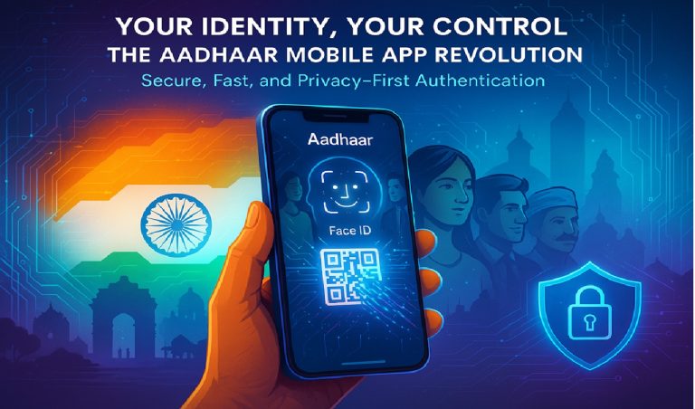 Image Description for Aadhaar Mobile App Article Theme: Futuristic, secure, and inclusive digital identity. Visual Elements: Foreground: A smartphone screen displaying the Aadhaar Mobile App interface with a glowing Face ID scan animation. A QR code transitioning into digital particles (symbolizing seamless authentication). A hand holding the phone with diverse Indian citizens (urban and rural) reflected in the screen. Background: Abstract digital circuits/networks blending with the Indian flag (saffron, white, green) to symbolize national integration. Silhouettes of iconic Indian landmarks (e.g., India Gate, rural landscapes) fading into a futuristic cityscape. A shield icon with a lock, representing data security and DPDP Act compliance. Color Palette: Trustworthy blues and whites (for tech/security). Accents of saffron and green (patriotic touch). Gradient neon purple/cyan for a modern, digital vibe. Text Overlay (Optional): Bold title: “Your Identity, Your Control: The Aadhaar Mobile App Revolution”. Subtitle: “Secure, Fast, and Privacy-First Authentication”. Style: Clean, minimalist design with subtle holographic effects. Use light rays or particle effects to emphasize innovation. Example AI Prompts for Image Generation: “A futuristic smartphone displaying a Face ID scan interface, glowing QR codes, Indian citizens in urban and rural settings reflected on the screen, digital networks and Indian flag colors in the background, hyper-detailed, neon accents, 8K resolution.” “A hand holding a mobile phone with a secure shield and lock icon, abstract digital circuits blending with Indian landmarks, vibrant saffron and green hues, tech-minimalist style.” Image Specs for SEO: Dimensions: 1200x630 pixels (social media preview) or 1920x1080 (blog header). Alt Text: “Aadhaar Mobile App with Face ID authentication and QR code scanning for secure digital identity management in India.” This image will grab attention, align with the article’s keywords, and visually reinforce the message of security, innovation, and inclusivity. Let me know if you’d like refined concepts! 🚀